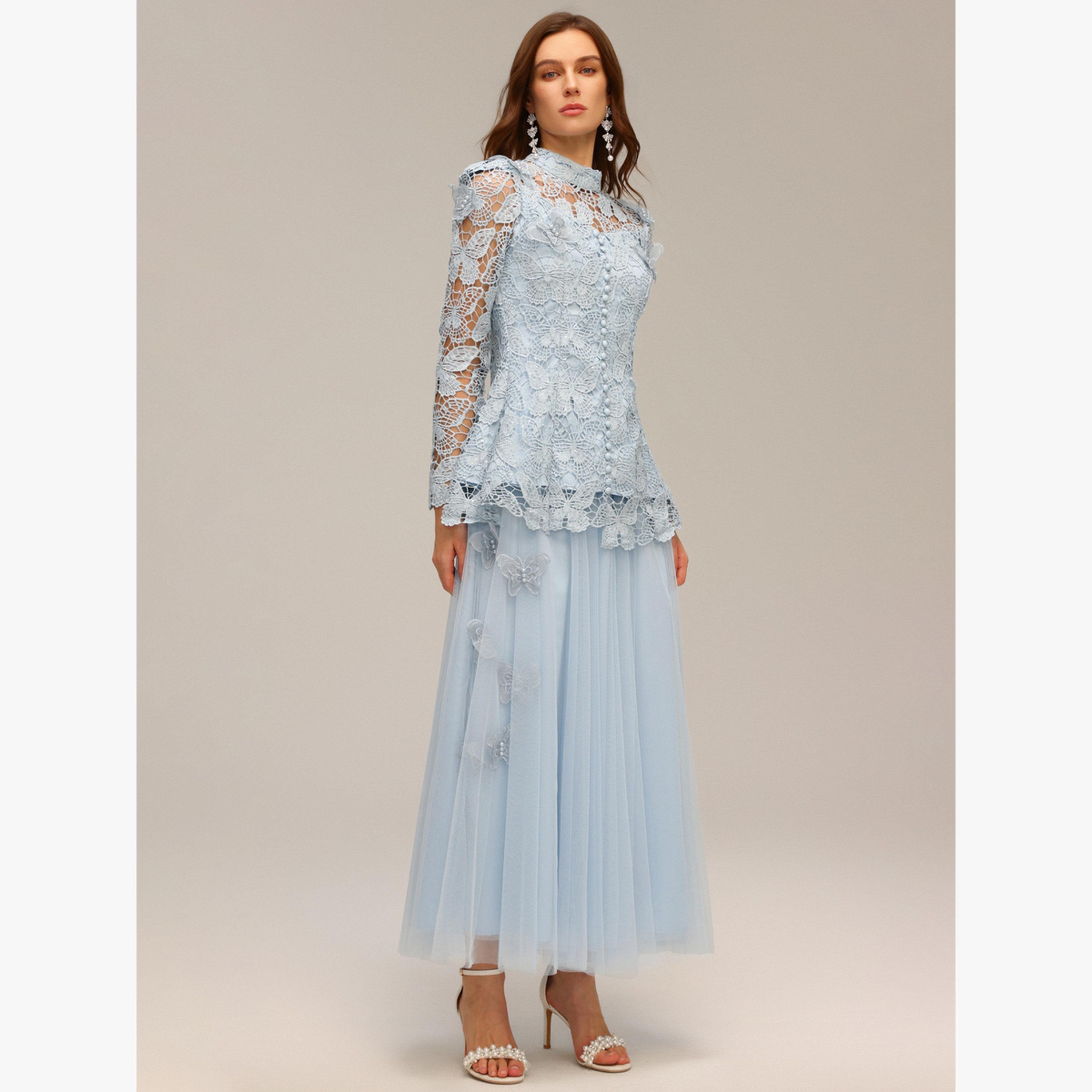 طقم بلوزة دانتيل بفراشة وتنورة تول-women-clothing-coordsets-image-2