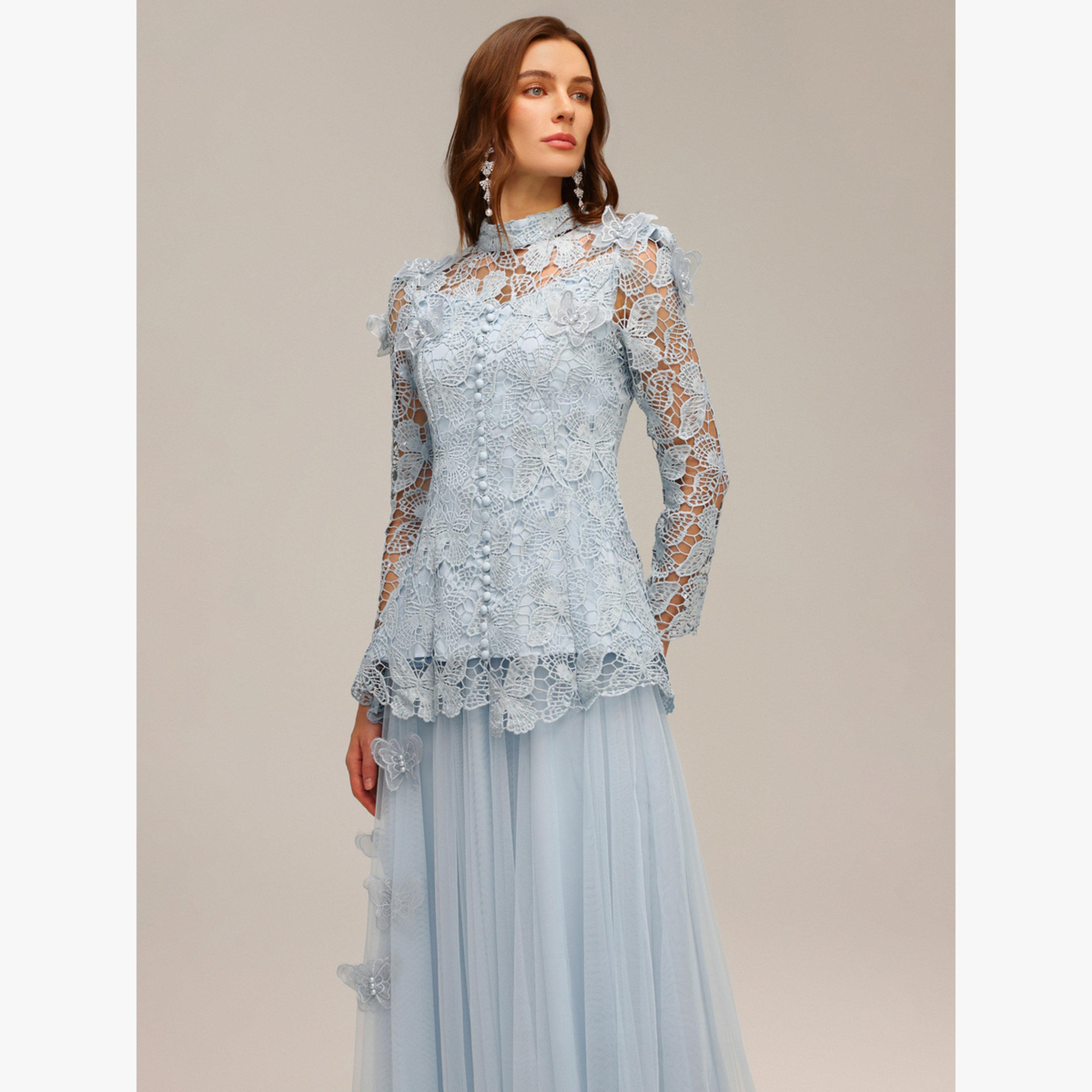 طقم بلوزة دانتيل بفراشة وتنورة تول-women-clothing-coordsets-image-3