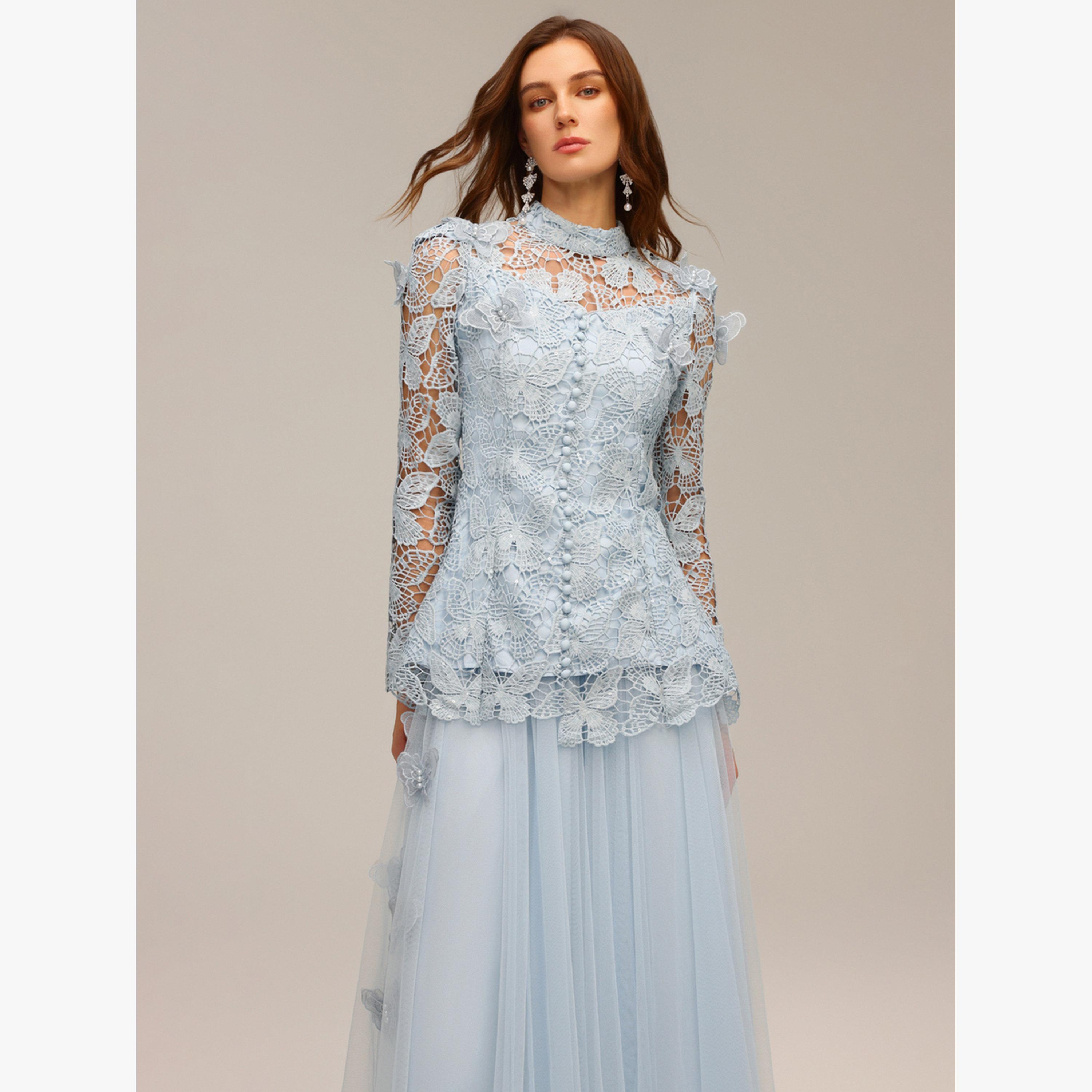 طقم بلوزة دانتيل بفراشة وتنورة تول-women-clothing-coordsets-image-4