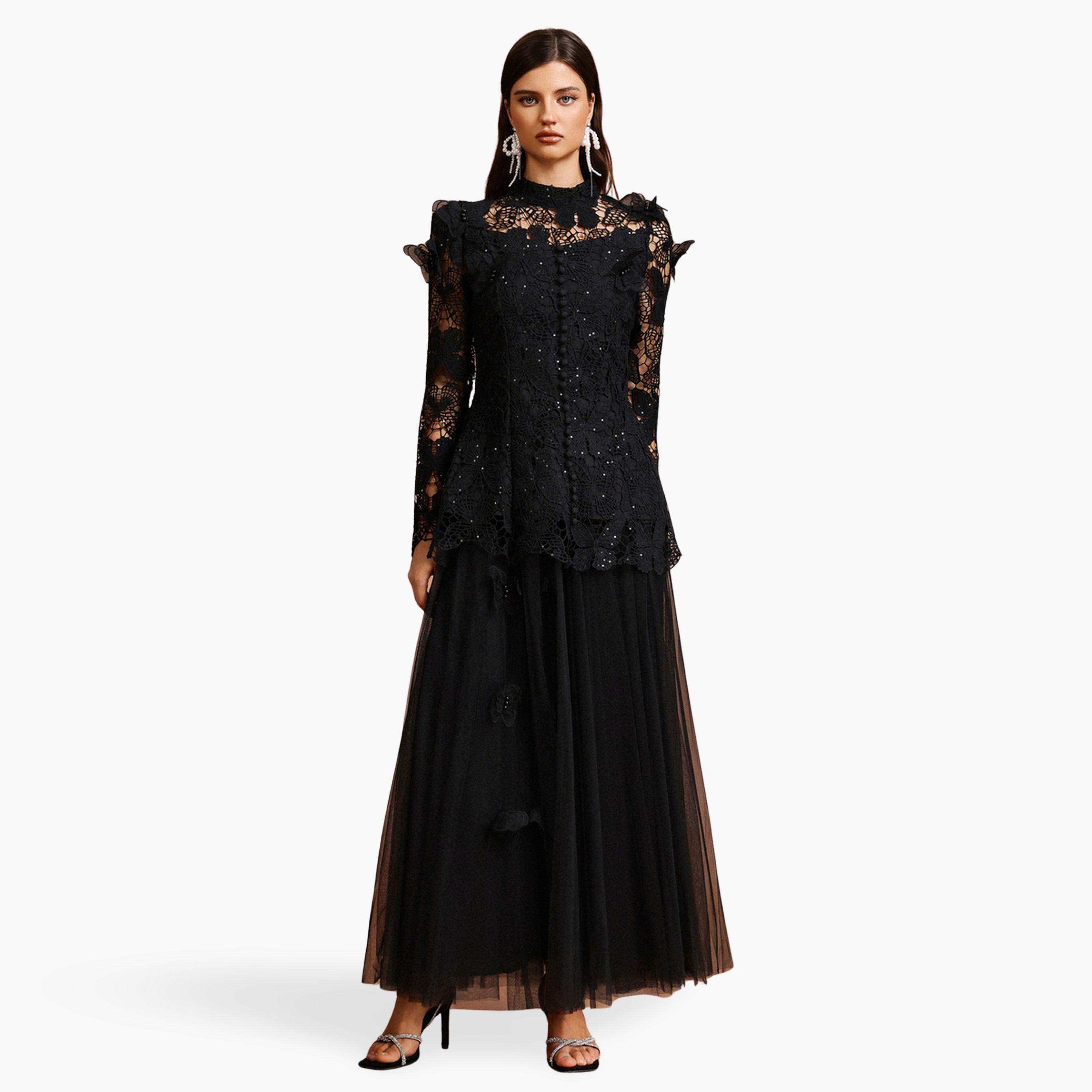 طقم بلوزة دانتيل بفراشة وتنورة تول-women-clothing-coordsets-image-1