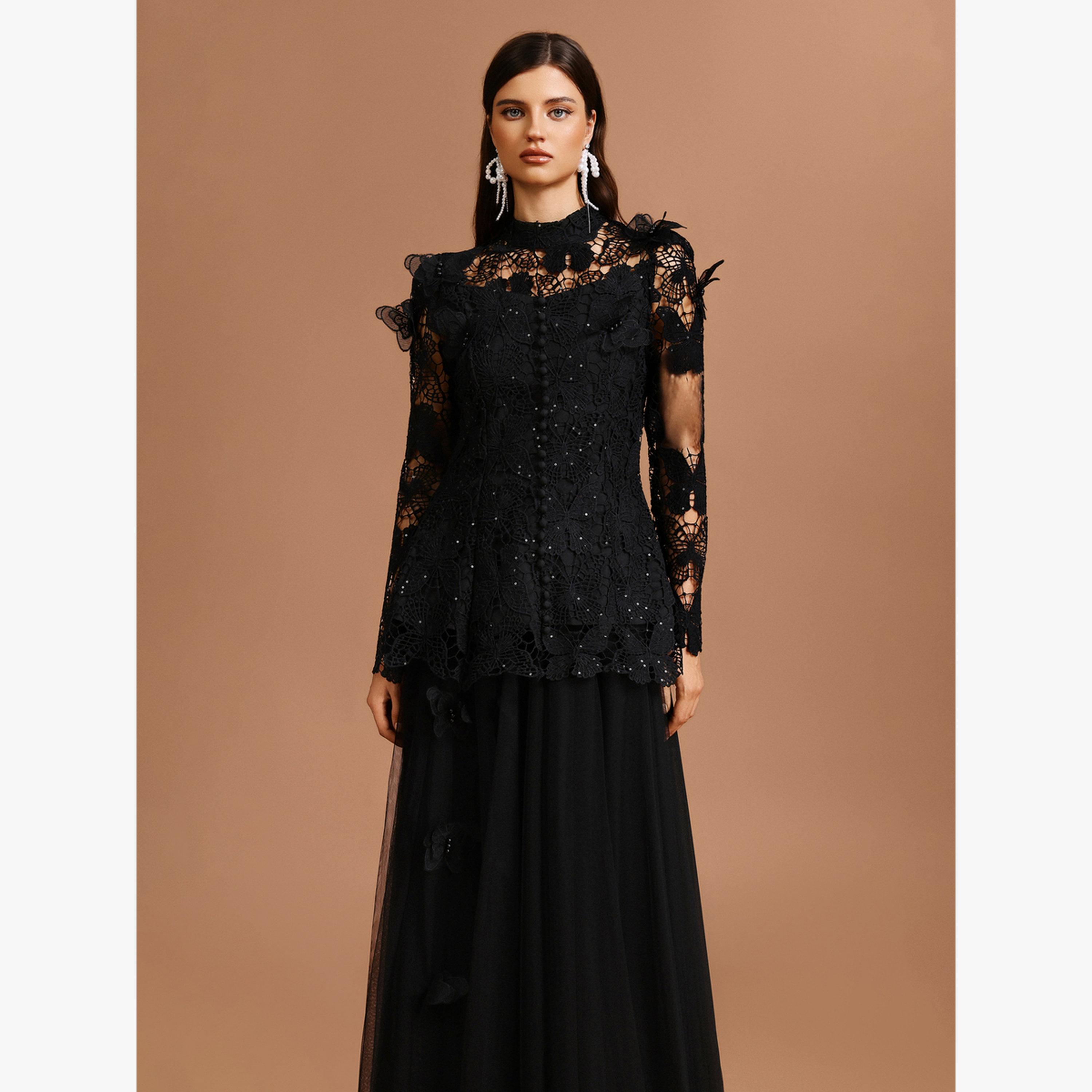 طقم بلوزة دانتيل بفراشة وتنورة تول-women-clothing-coordsets-image-3