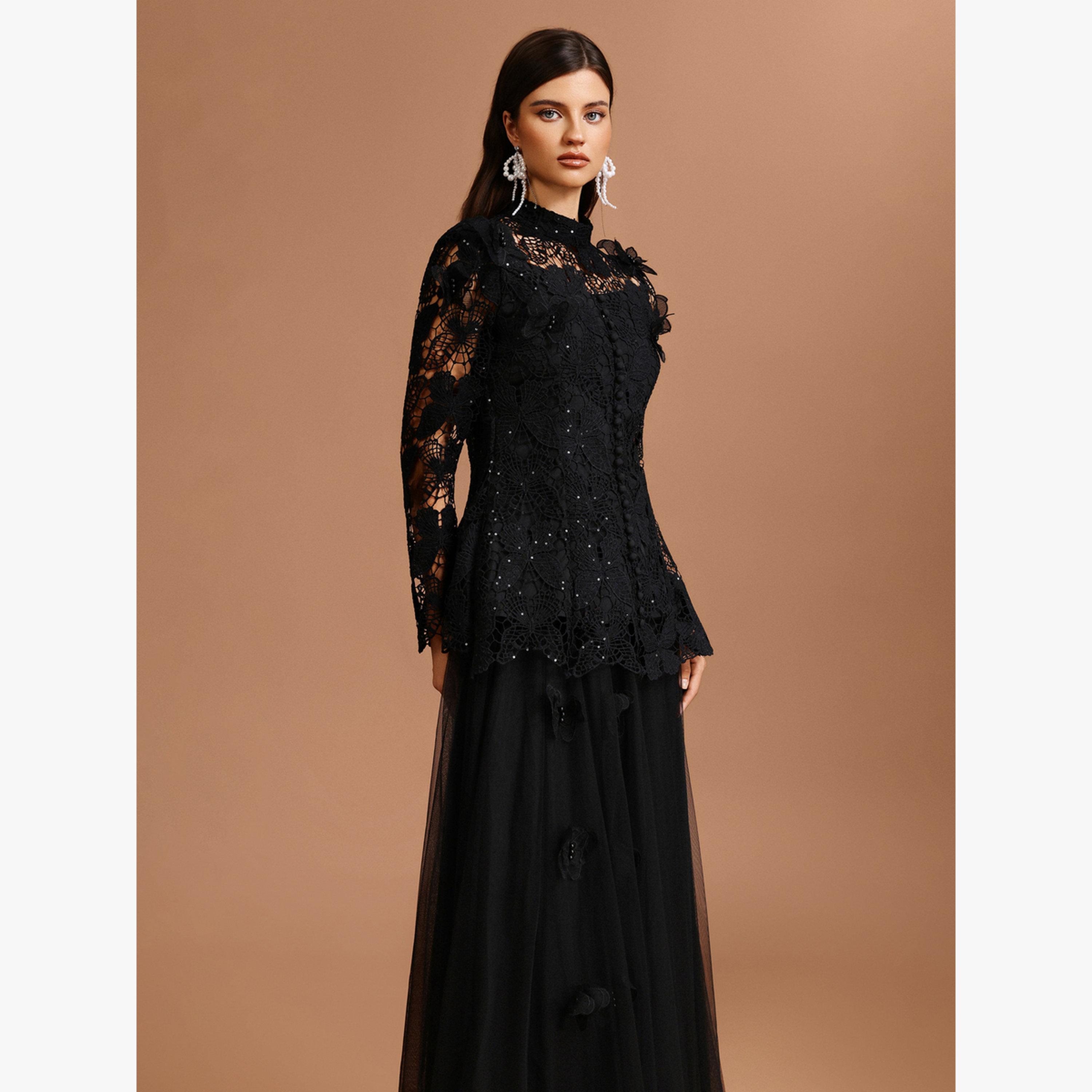 طقم بلوزة دانتيل بفراشة وتنورة تول-women-clothing-coordsets-image-4