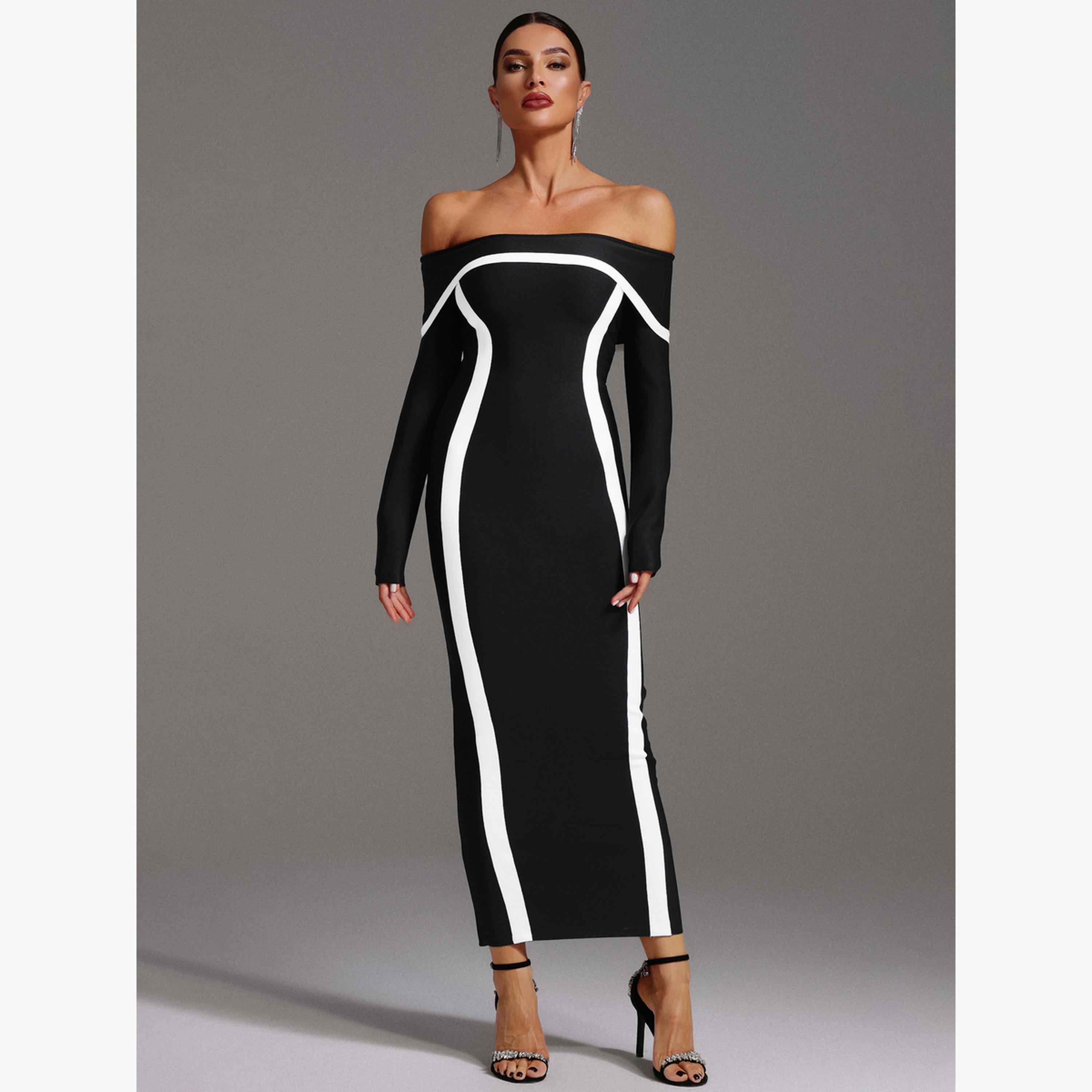 Bella Barnett X Styli Women Contrast Detail Off Shoulder Maxi Dress-women-clothing-dresses-image-1