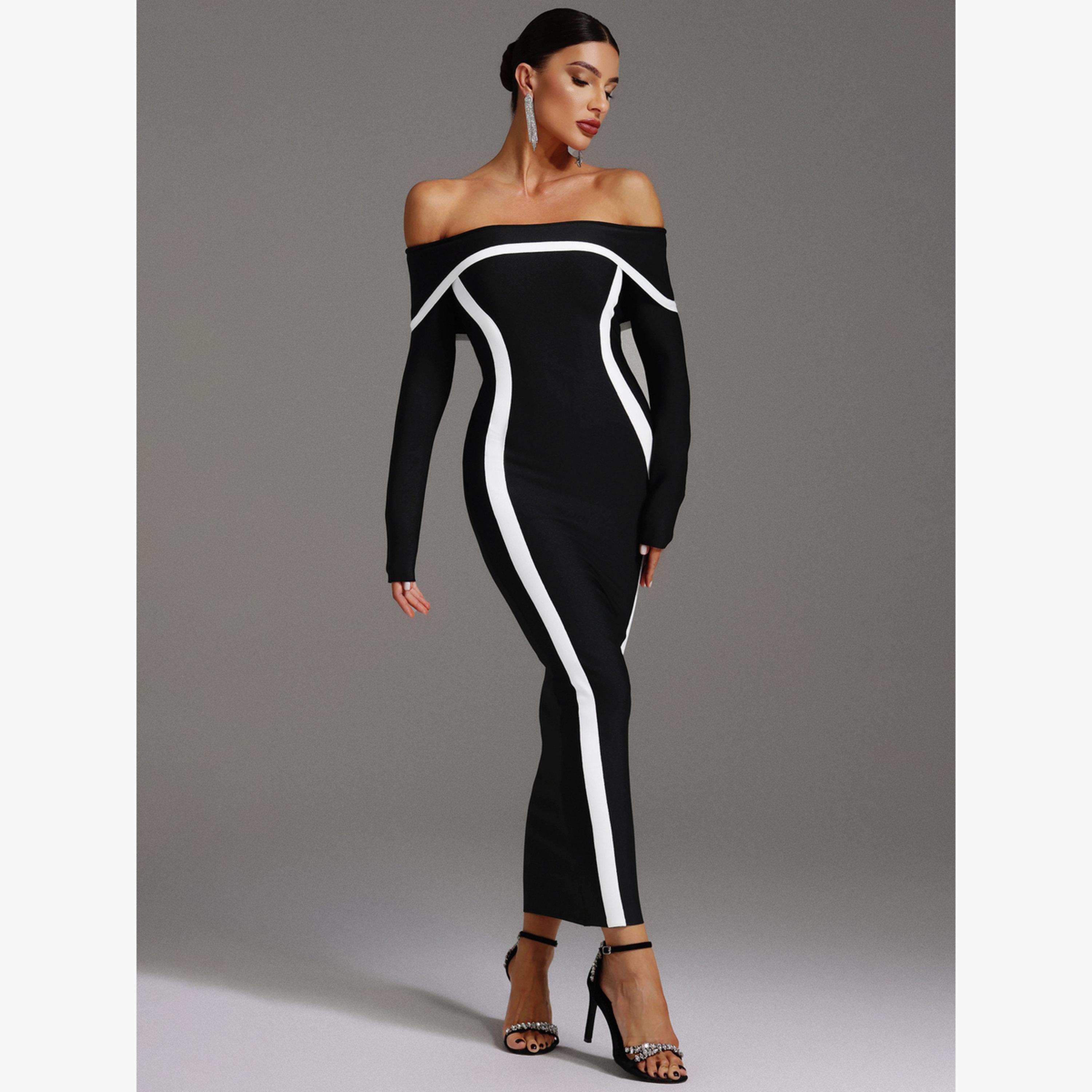 Bella Barnett X Styli Women Contrast Detail Off Shoulder Maxi Dress-women-clothing-dresses-image-2