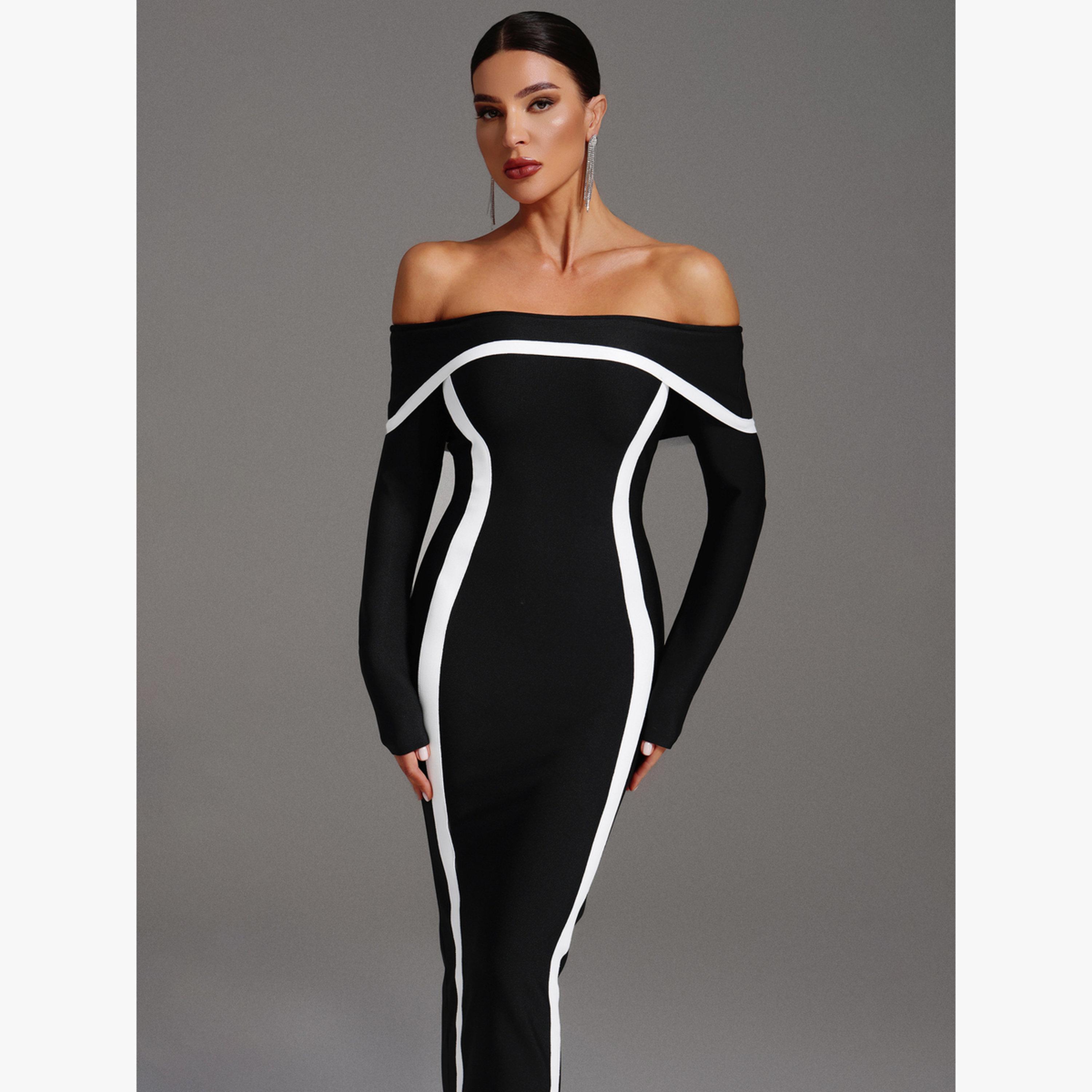 Bella Barnett X Styli Women Contrast Detail Off Shoulder Maxi Dress-women-clothing-dresses-image-3