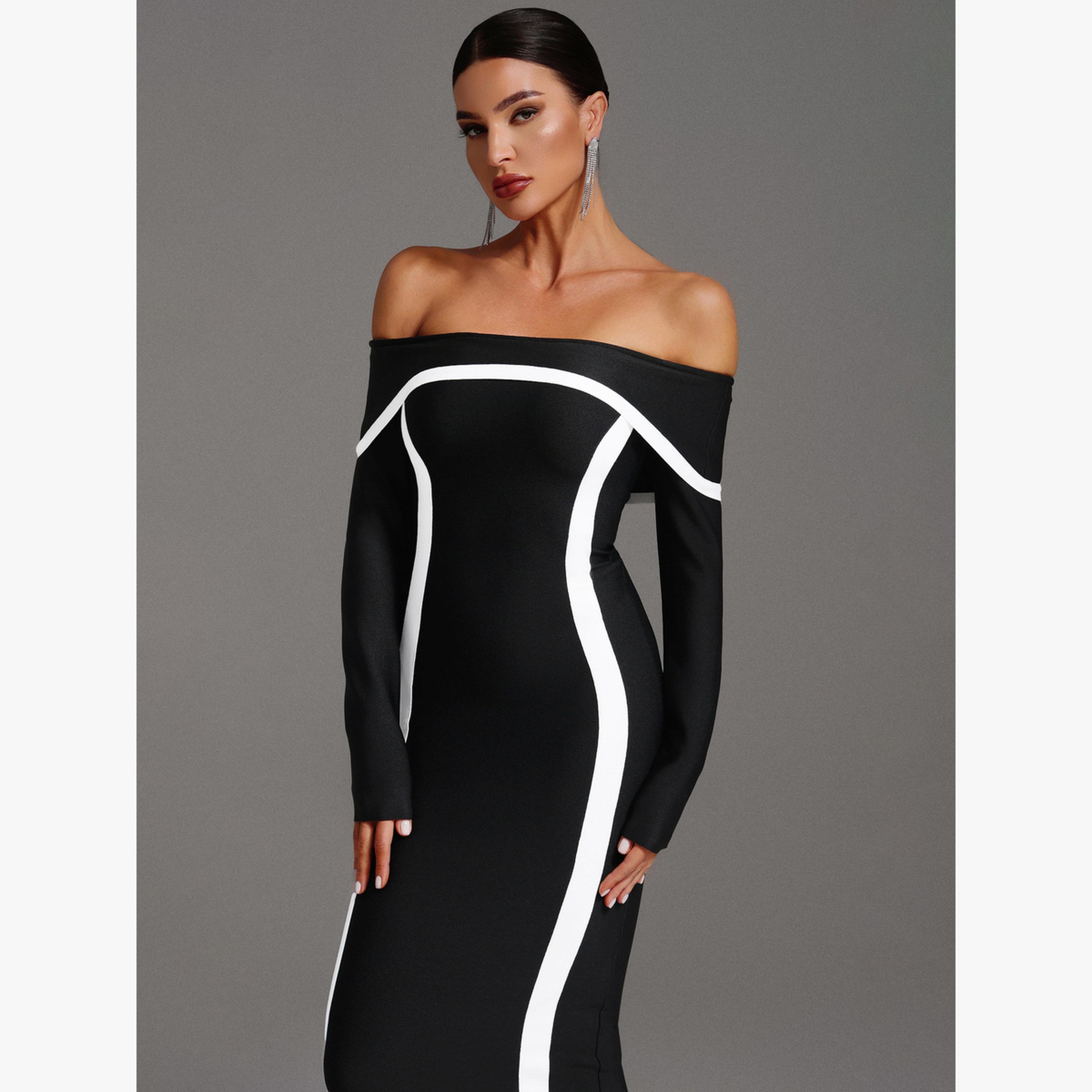 Bella Barnett X Styli Women Contrast Detail Off Shoulder Maxi Dress-women-clothing-dresses-image-4