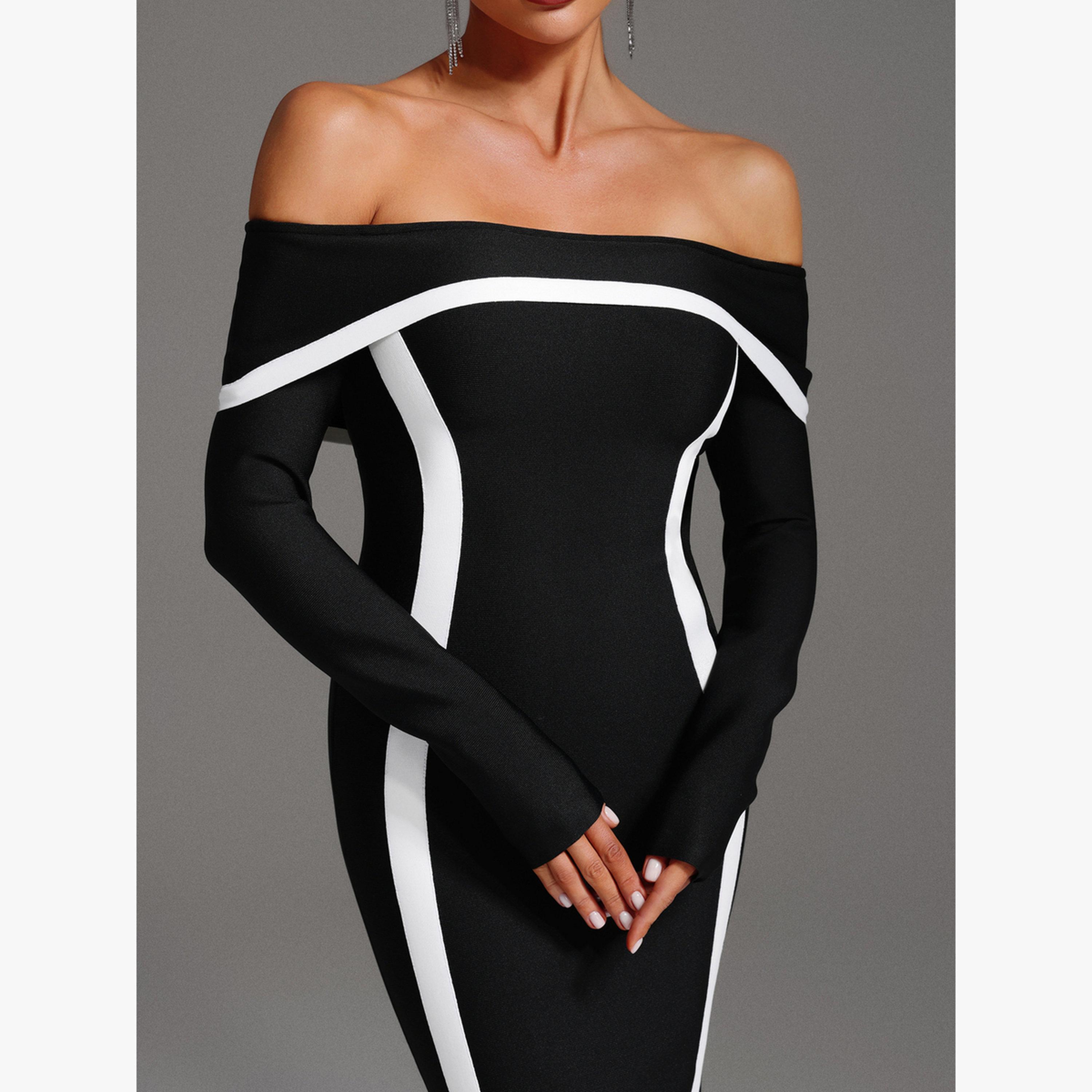 Bella Barnett X Styli Women Contrast Detail Off Shoulder Maxi Dress-women-clothing-dresses-image-5