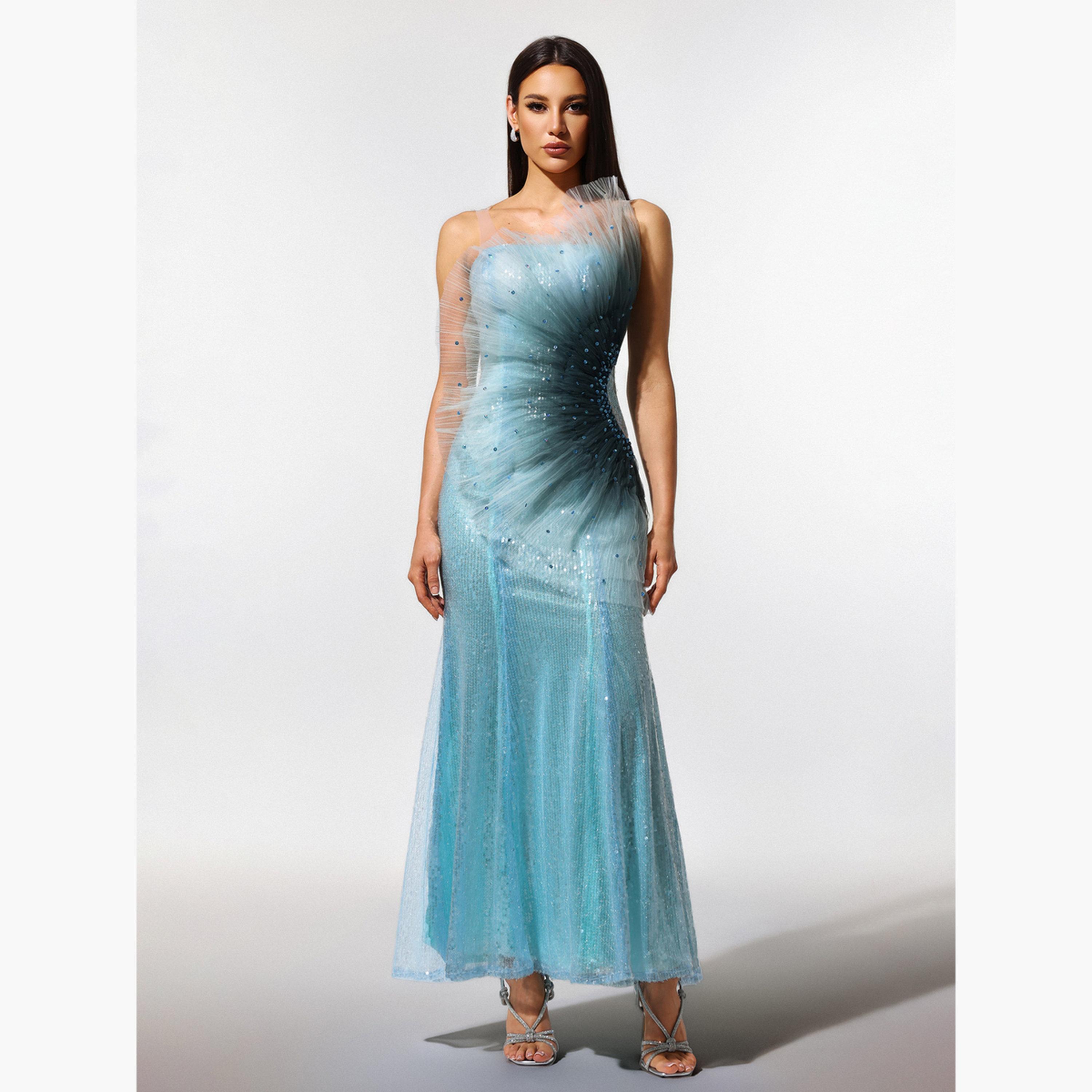 تيك تو - فستان ماكسي نسائي بترتر فيروزي وحافة حورية البحر-women-clothing-dresses-image-1