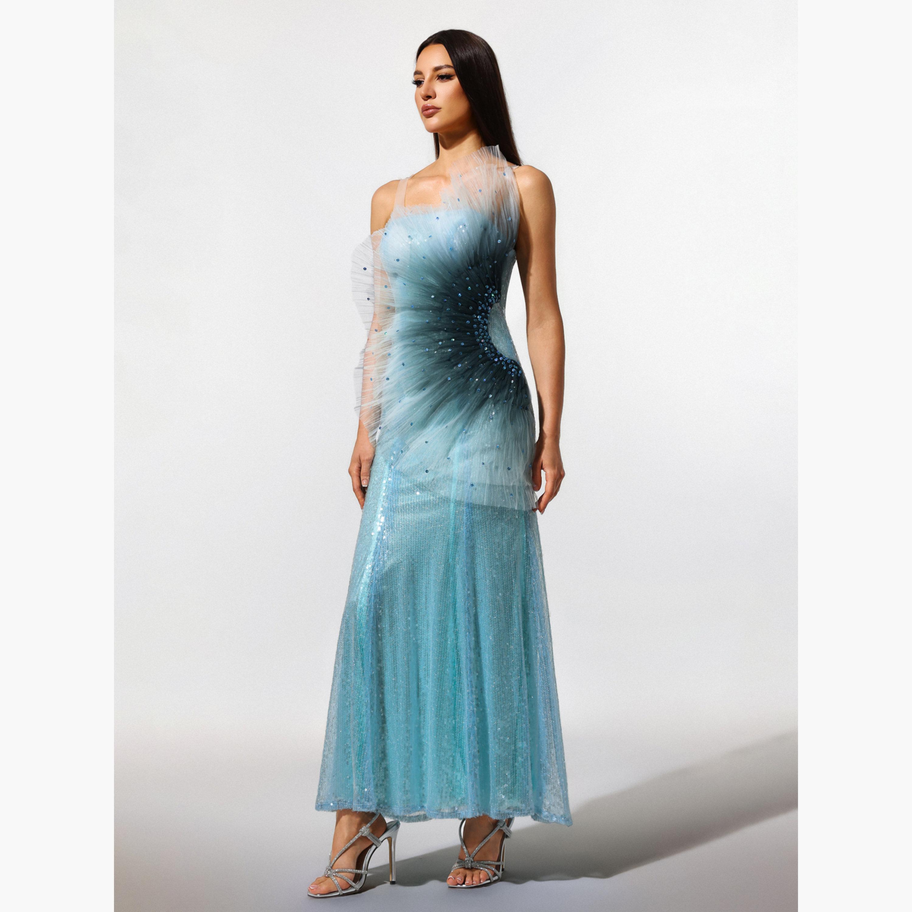 تيك تو - فستان ماكسي نسائي بترتر فيروزي وحافة حورية البحر-women-clothing-dresses-image-2