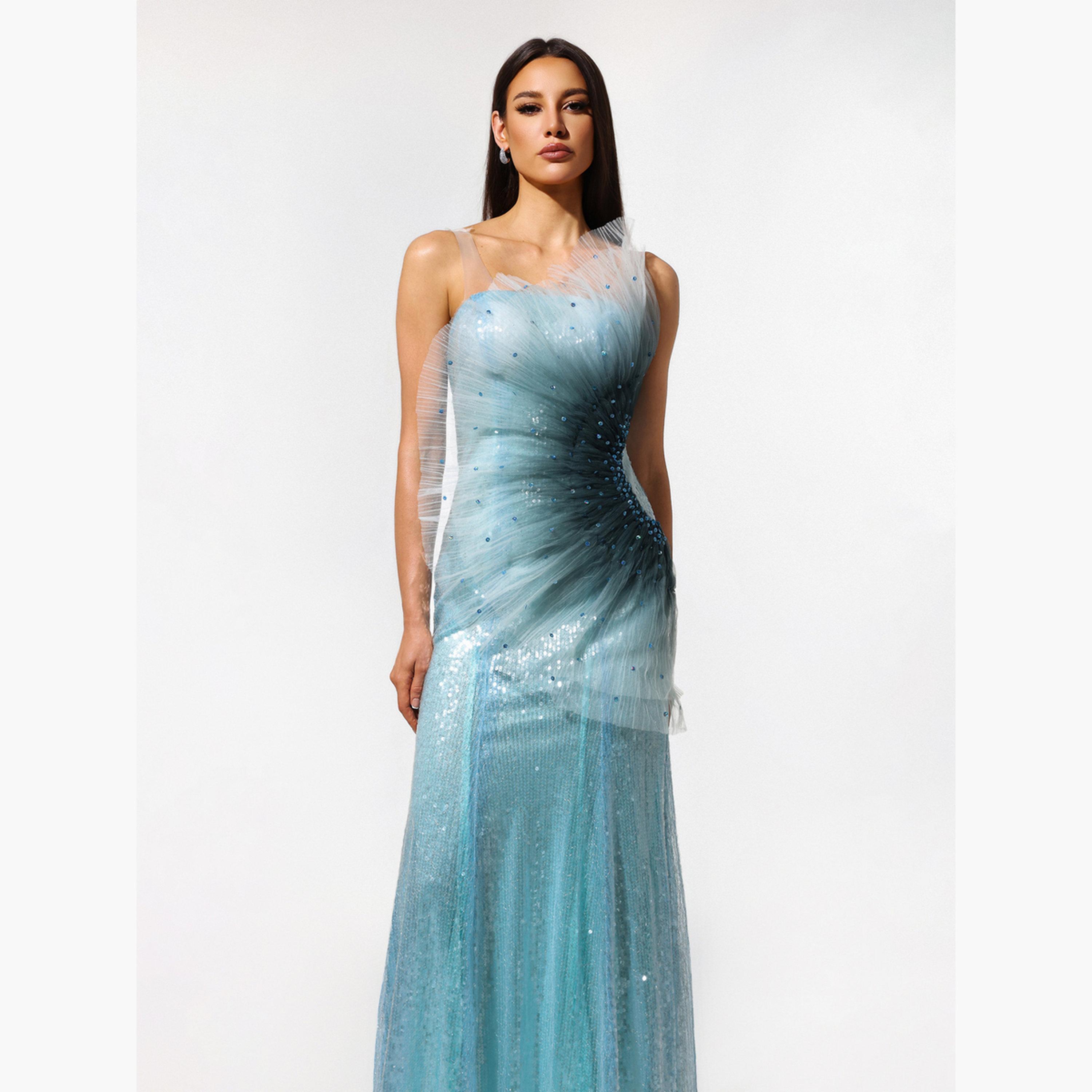 تيك تو - فستان ماكسي نسائي بترتر فيروزي وحافة حورية البحر-women-clothing-dresses-image-3