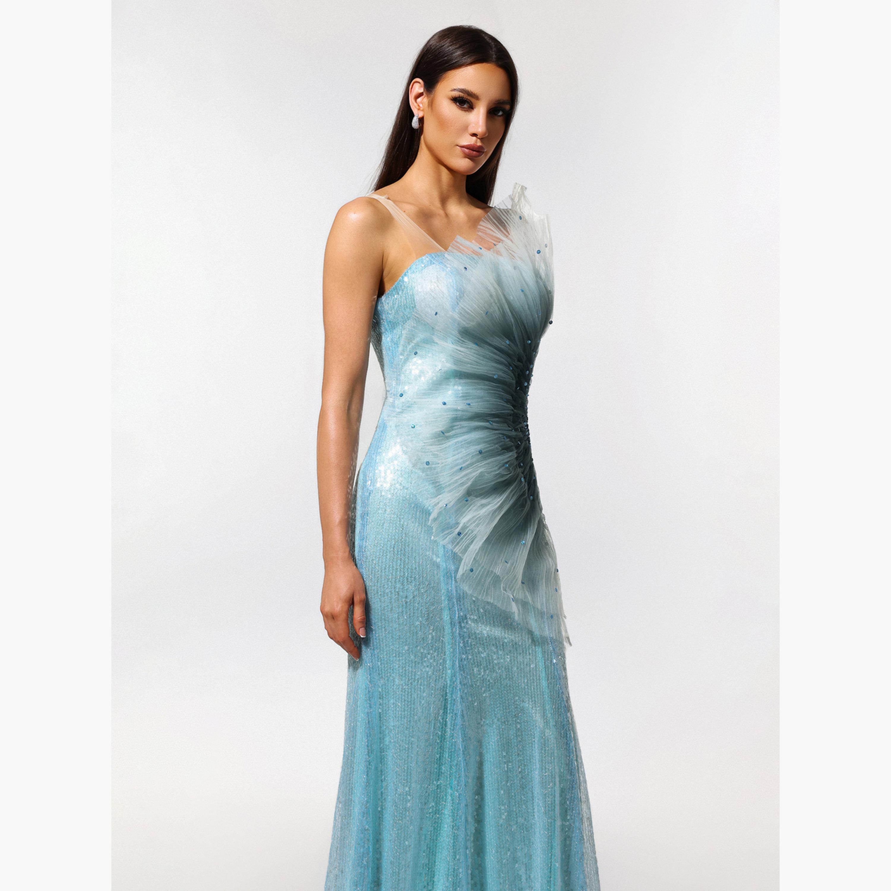 تيك تو - فستان ماكسي نسائي بترتر فيروزي وحافة حورية البحر-women-clothing-dresses-image-4