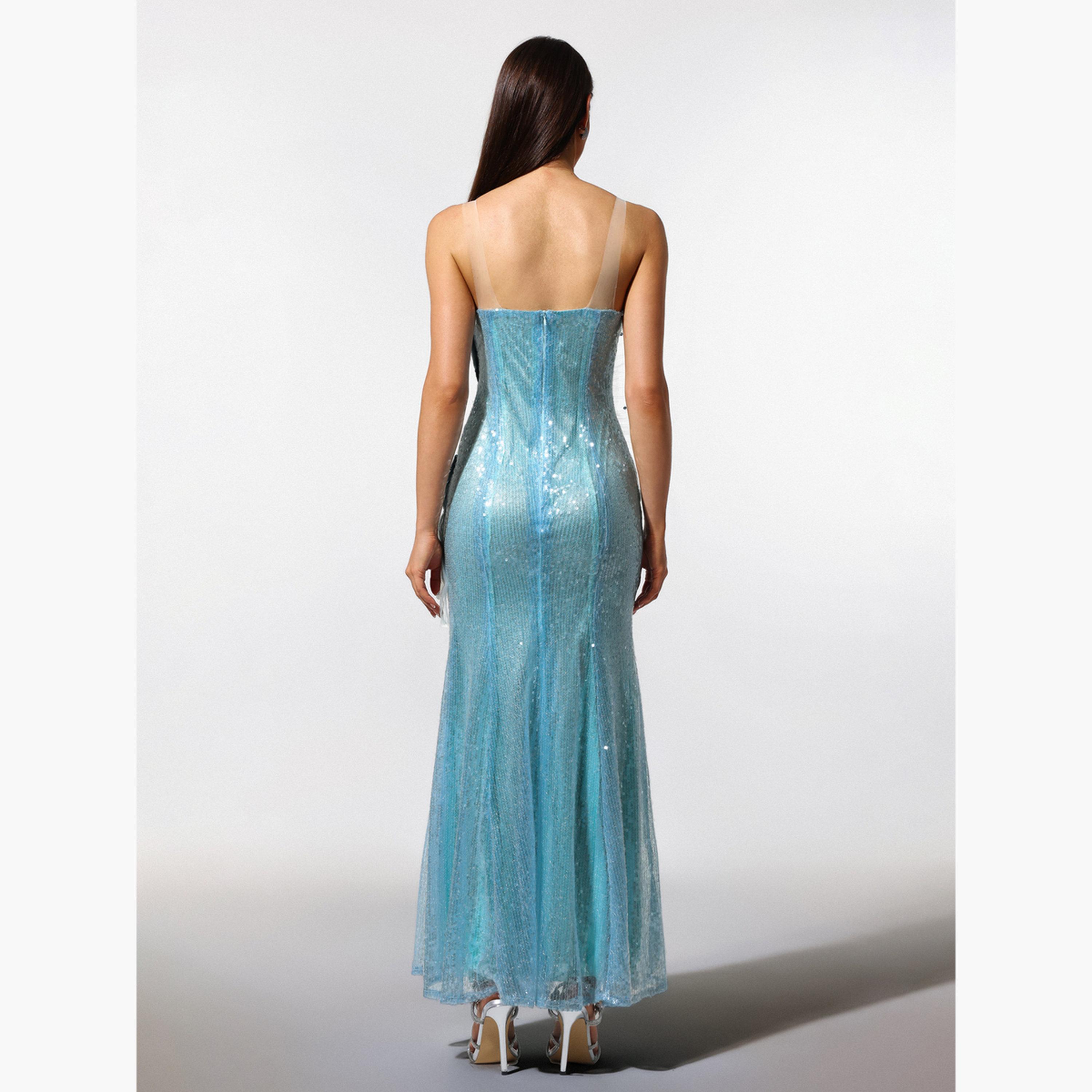 تيك تو - فستان ماكسي نسائي بترتر فيروزي وحافة حورية البحر-women-clothing-dresses-image-5