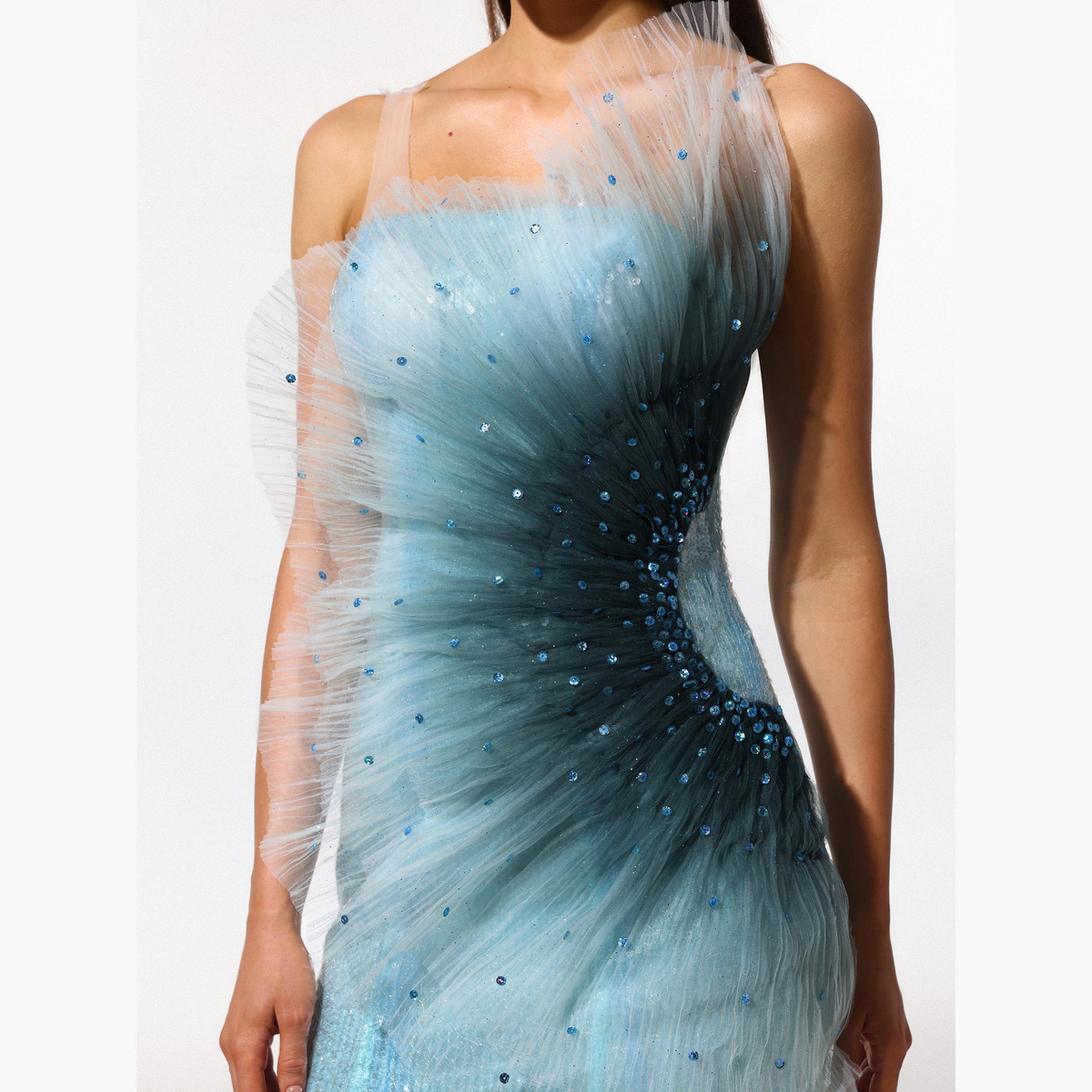 تيك تو - فستان ماكسي نسائي بترتر فيروزي وحافة حورية البحر-women-clothing-dresses-image-6