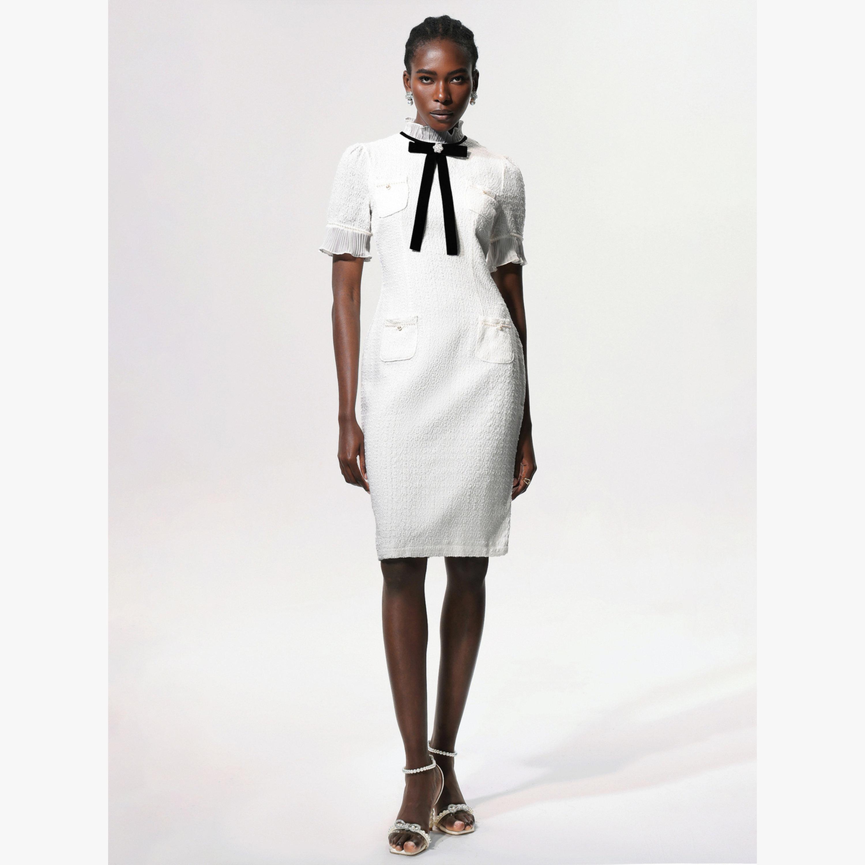 فستان بطول الركبة بفيونكة متباينة-women-clothing-dresses-image-1