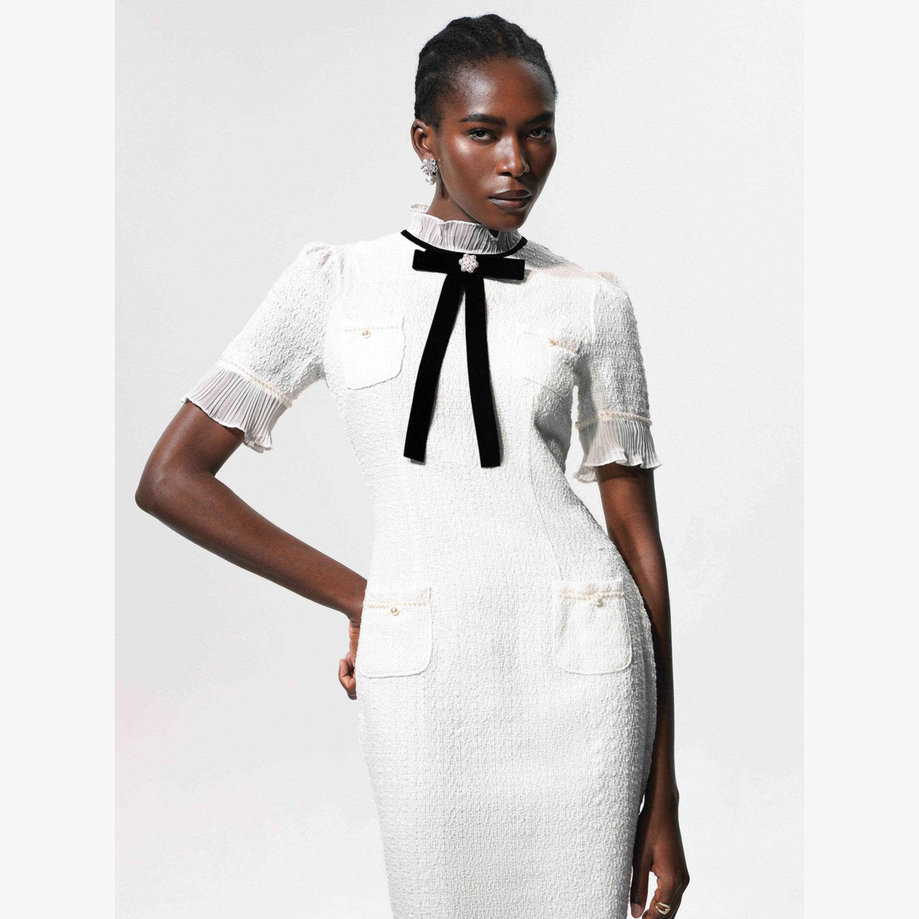 فستان بطول الركبة بفيونكة متباينة-women-clothing-dresses-image-5