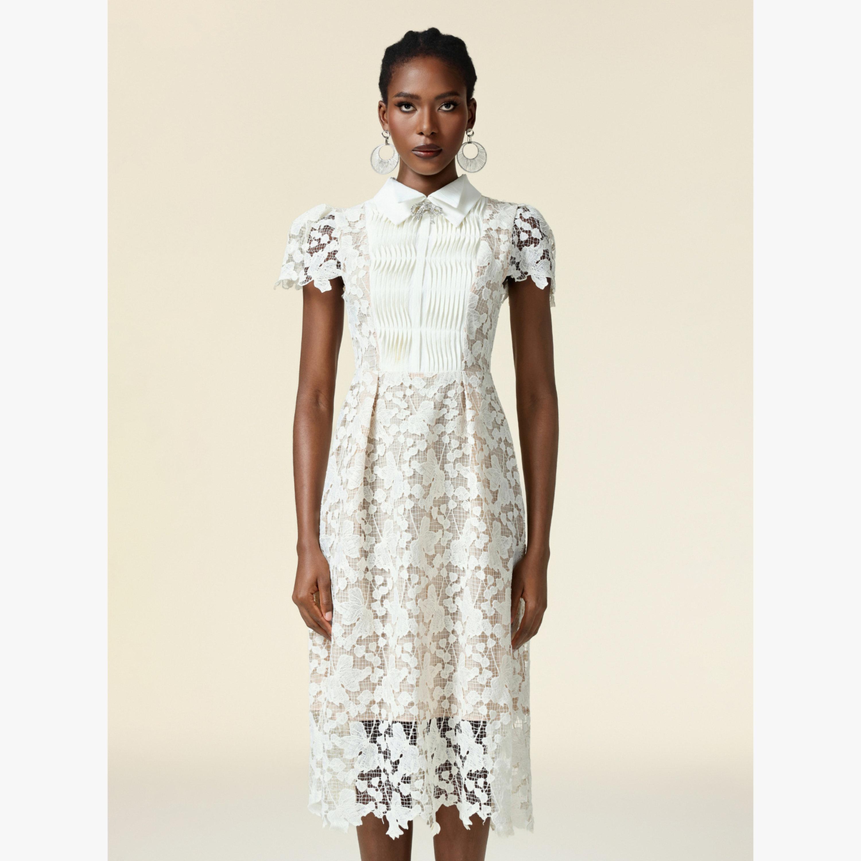 Bella Barnett X Styli Women White Lace Collared Midi Dress-women-clothing-dresses-image-3
