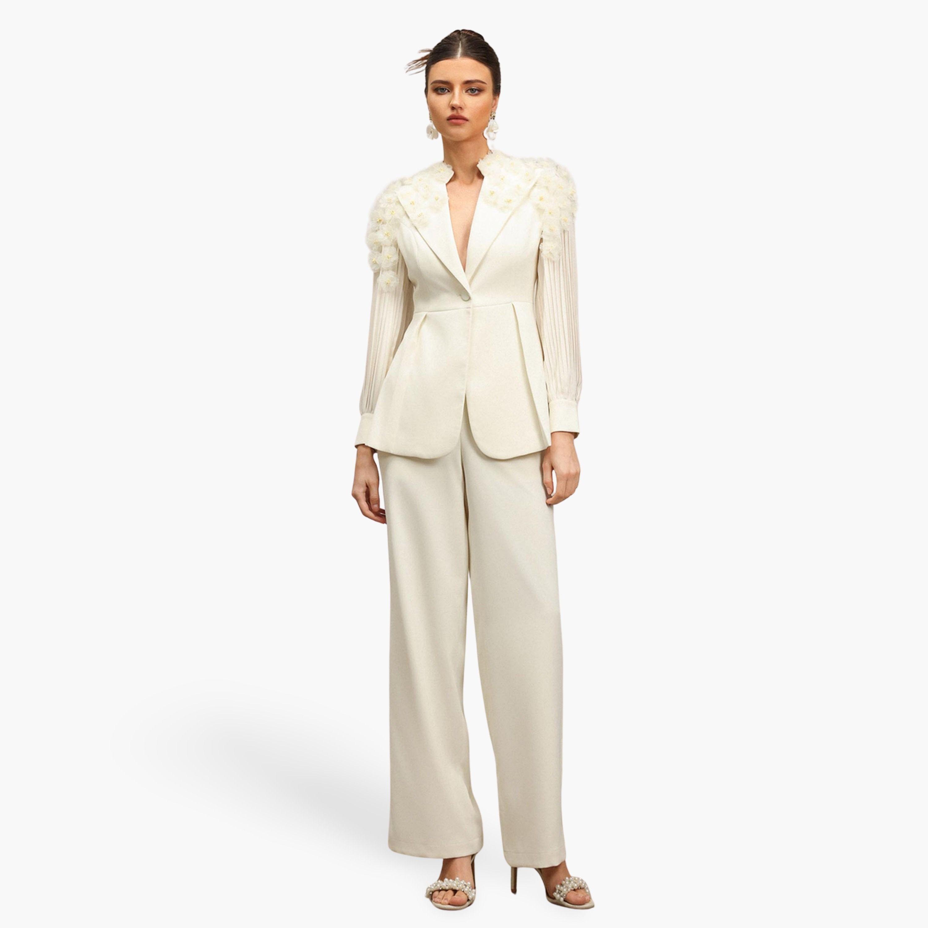 Bella Barnett X Styli Women 3D Flower Pleated Blazer and Pants Co-Ords-women-clothing-coordsets-image-1