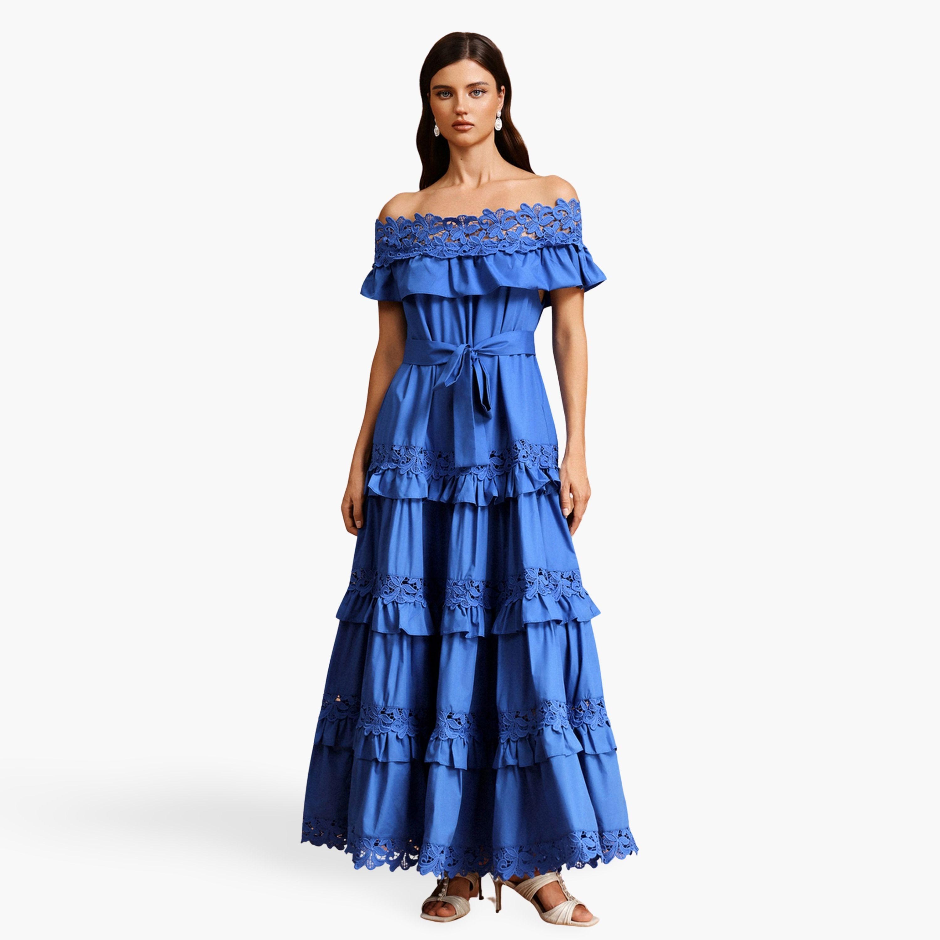 Bella Barnett X Styli Women Dark Blue Off Shoulder Lace Maxi Dress-women-clothing-dresses-image-1