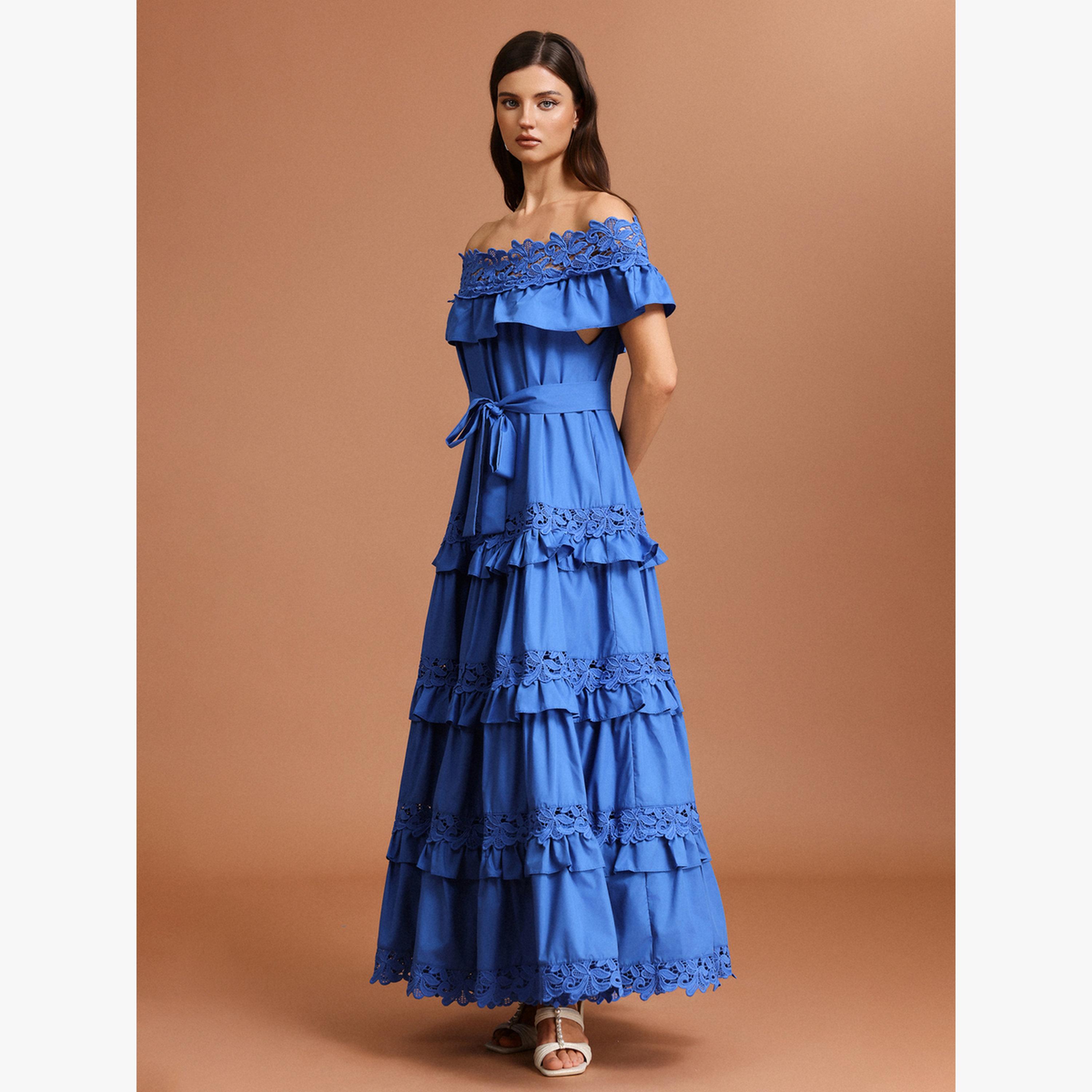 Bella Barnett X Styli Women Dark Blue Off Shoulder Lace Maxi Dress-women-clothing-dresses-image-2