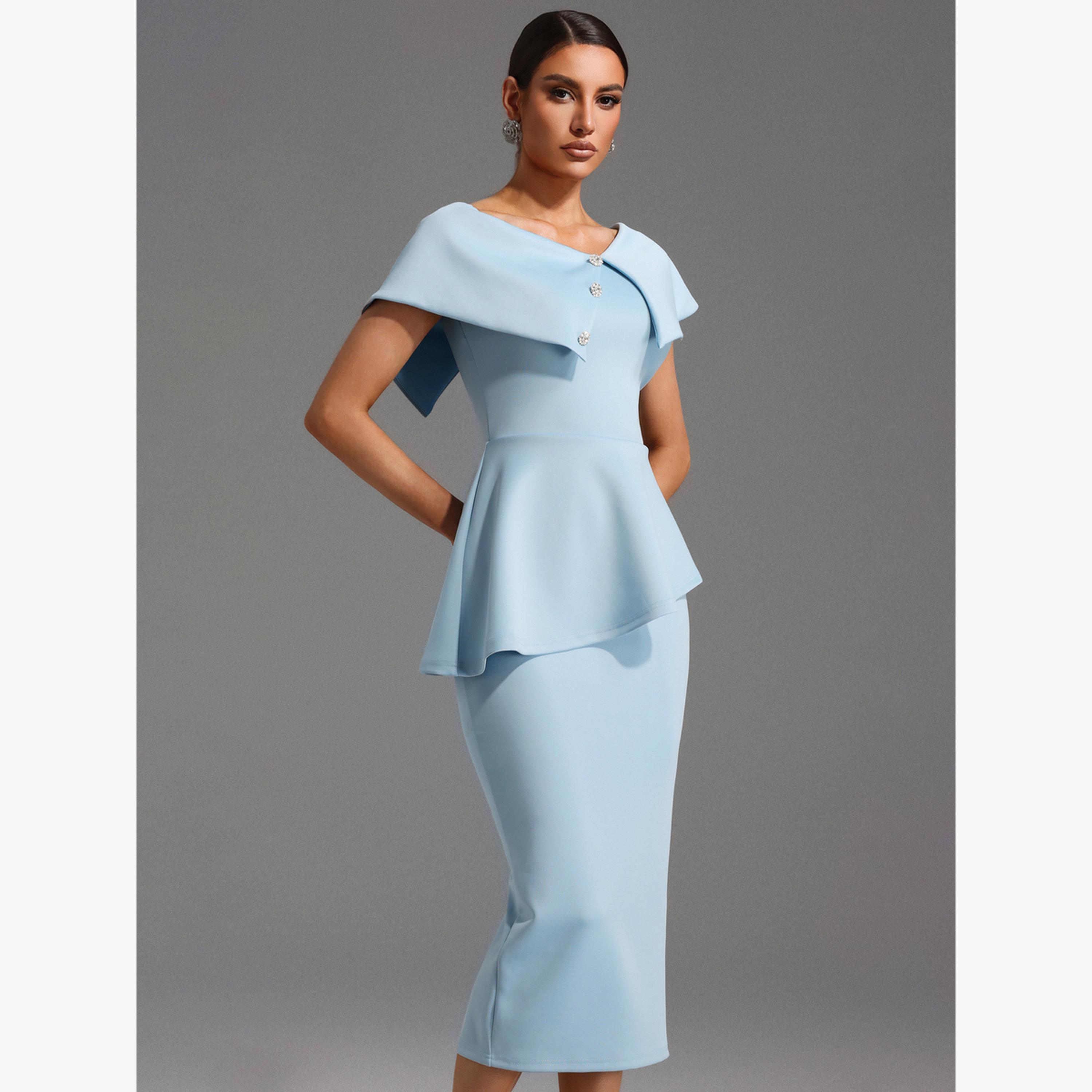 Bella Barnett X Styli Women Blue Bodycon Peplum Midi Dress-women-clothing-dresses-image-2
