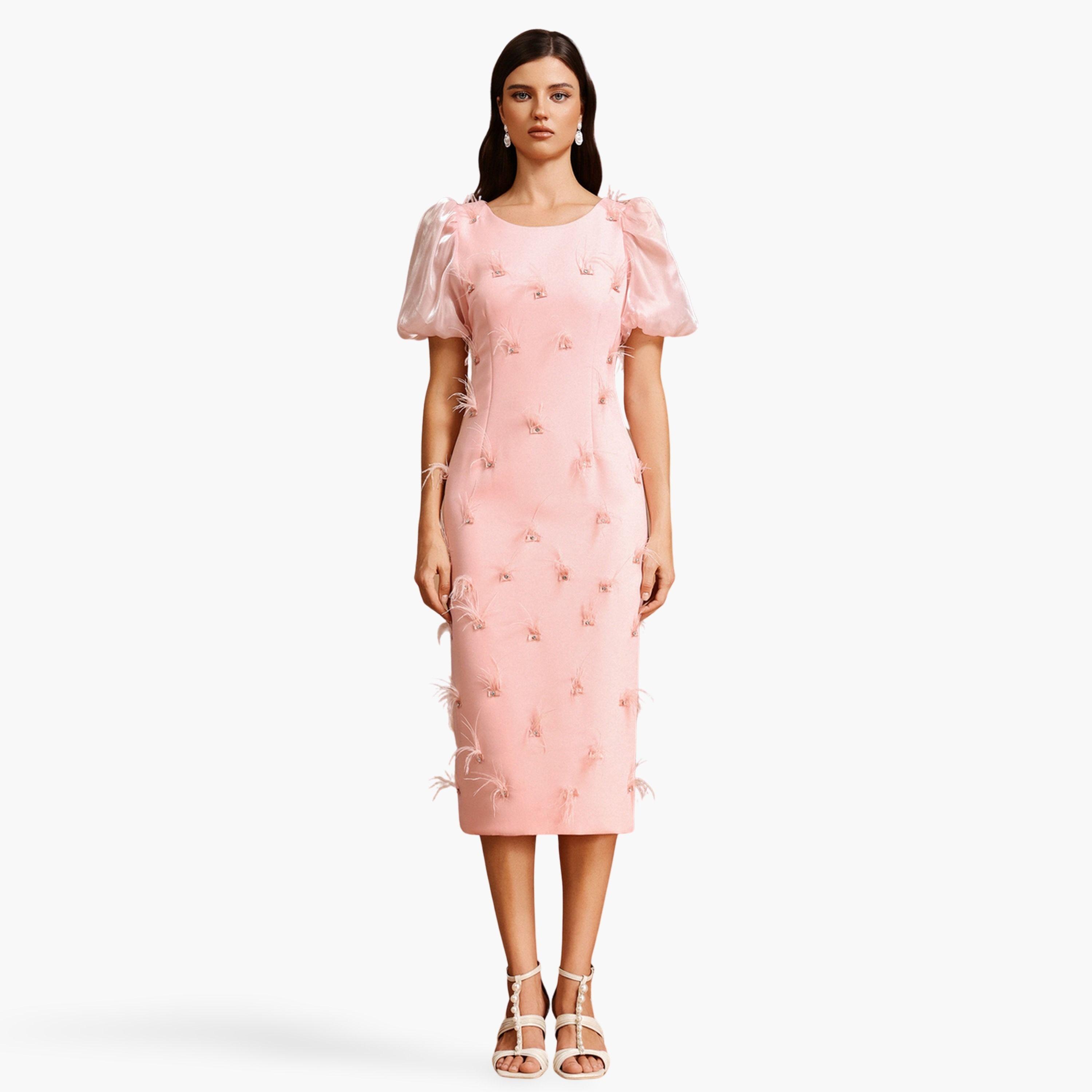 فستان ميدي وردي بأكمام منفوخة وتفاصيل ريش-women-clothing-dresses-image-1