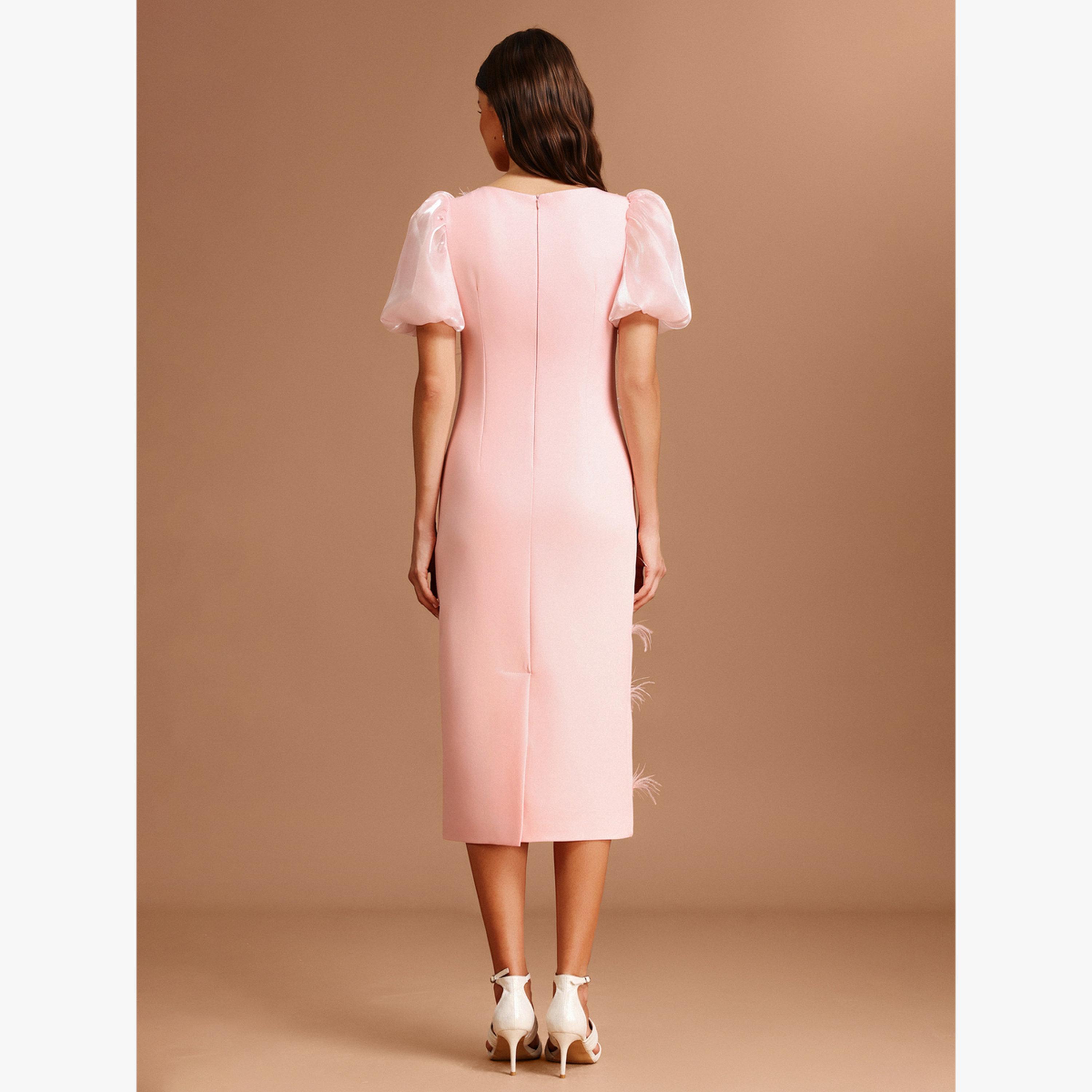 فستان ميدي وردي بأكمام منفوخة وتفاصيل ريش-women-clothing-dresses-image-6