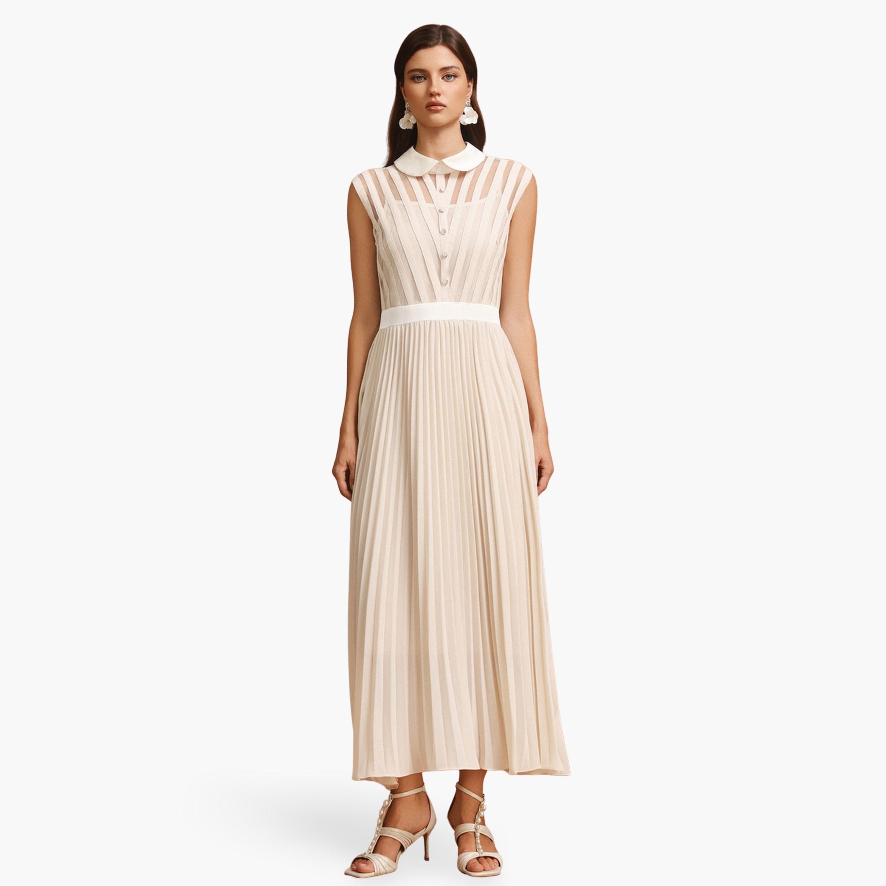 Bella Barnett X Styli Women Beige Pleated Detail Sleeveless Maxi Dress-women-clothing-dresses-image-1