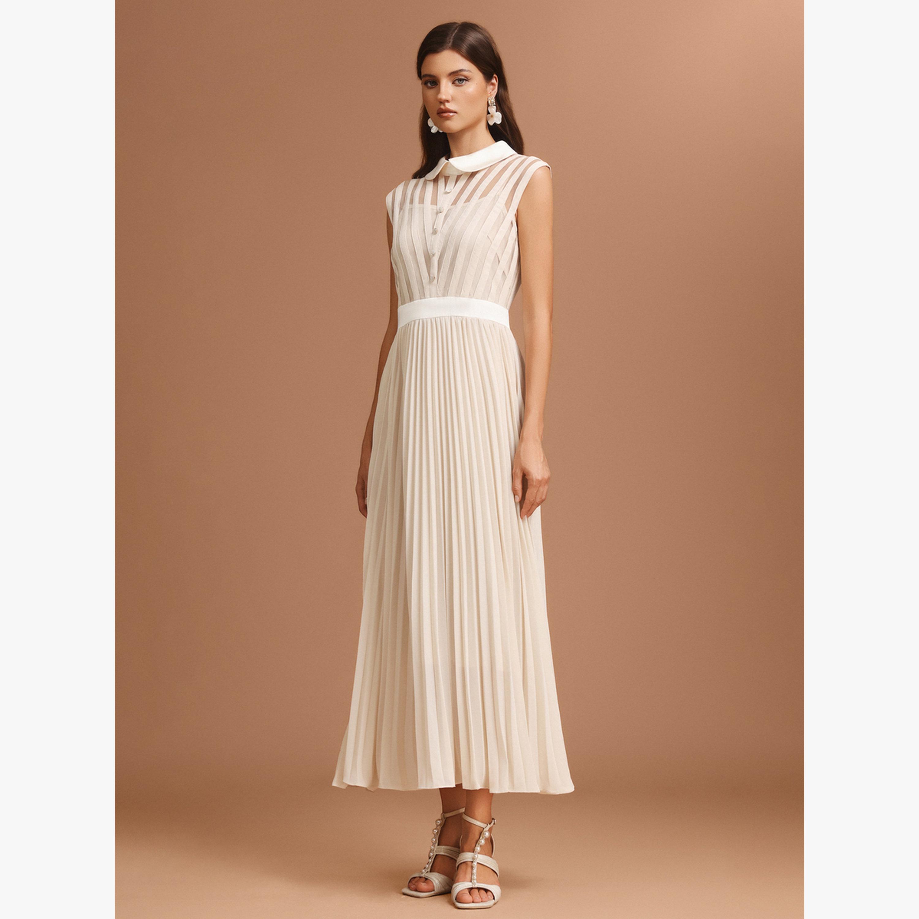 Bella Barnett X Styli Women Beige Pleated Detail Sleeveless Maxi Dress-women-clothing-dresses-image-2