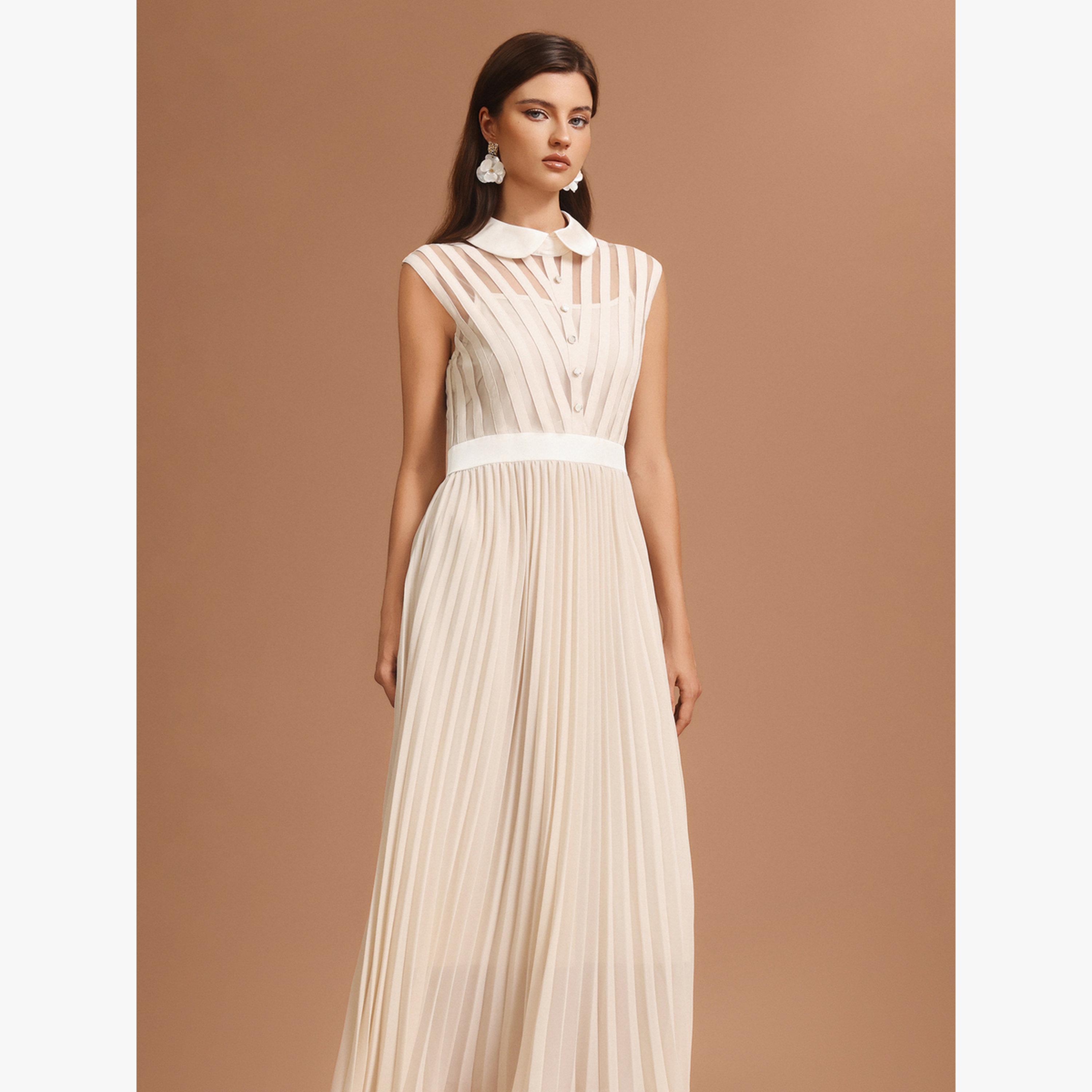 Bella Barnett X Styli Women Beige Pleated Detail Sleeveless Maxi Dress-women-clothing-dresses-image-3