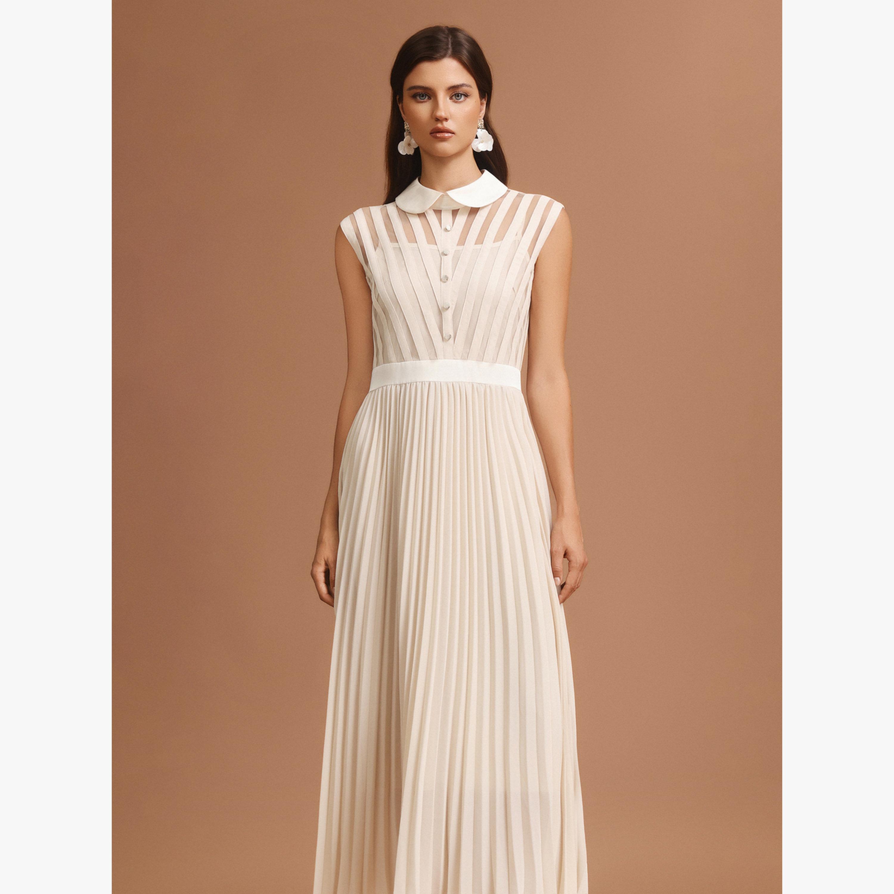 Bella Barnett X Styli Women Beige Pleated Detail Sleeveless Maxi Dress-women-clothing-dresses-image-4