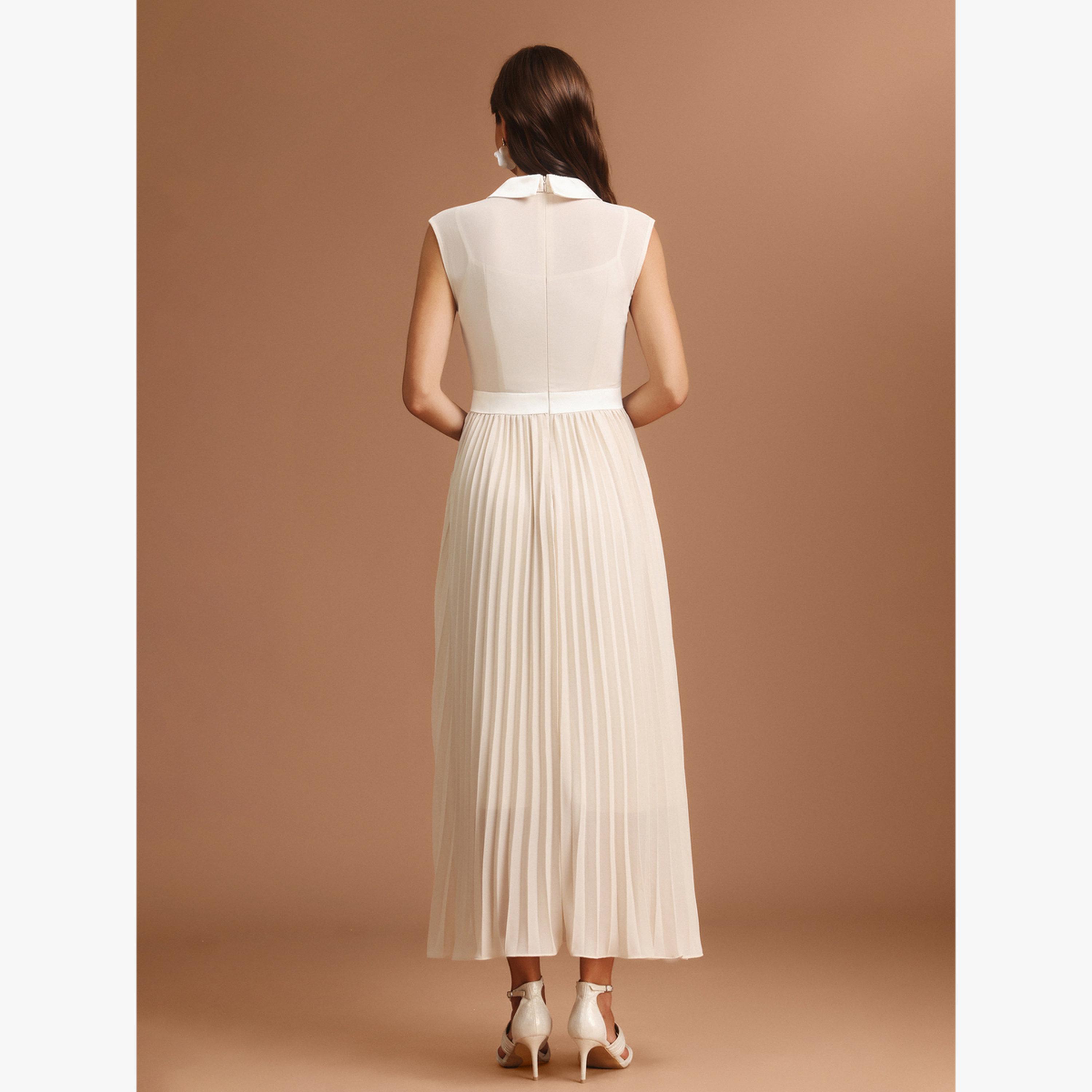 Bella Barnett X Styli Women Beige Pleated Detail Sleeveless Maxi Dress-women-clothing-dresses-image-5