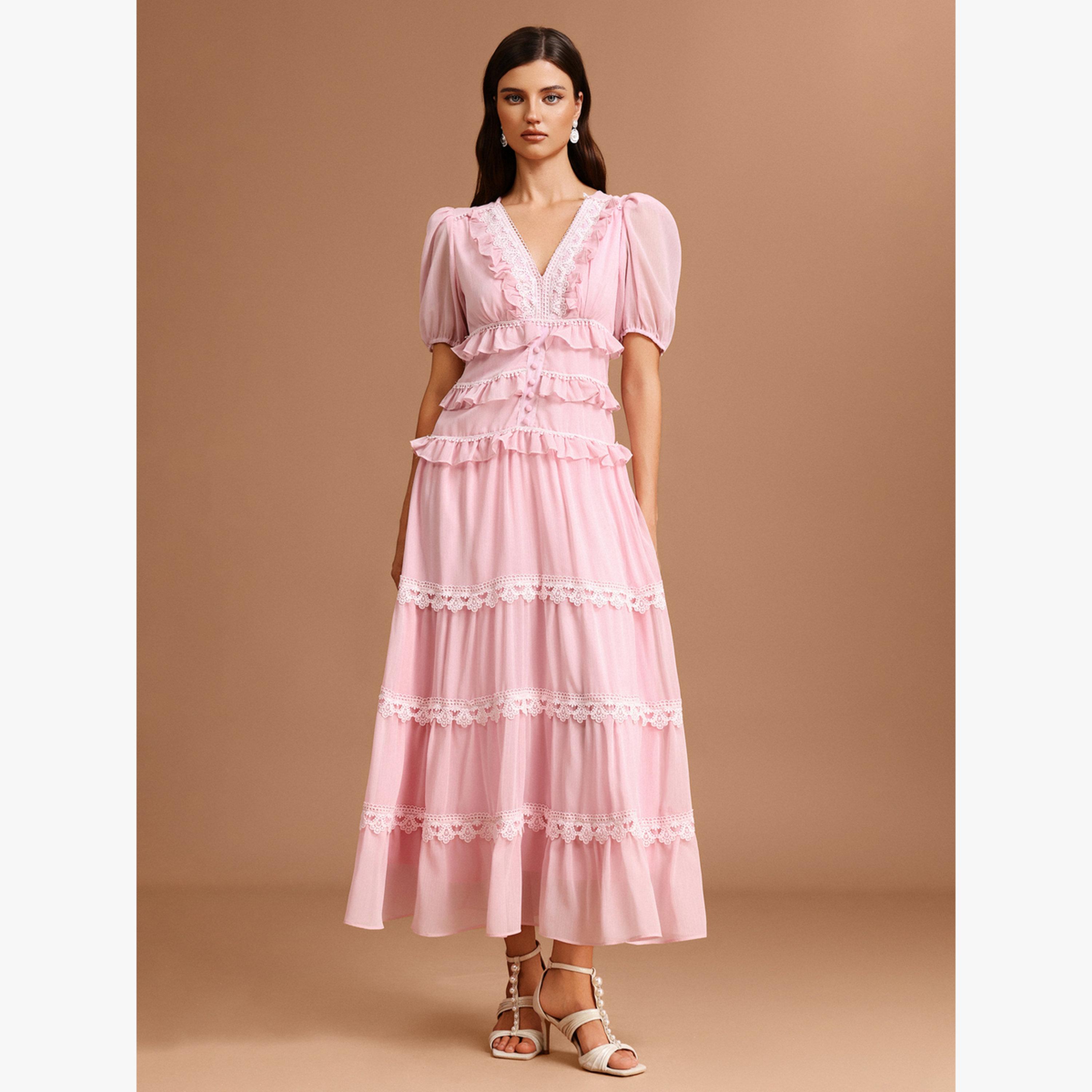 فستان طويل وردي بأكمام منفوخة وتفاصيل دانتيل-women-clothing-dresses-image-1