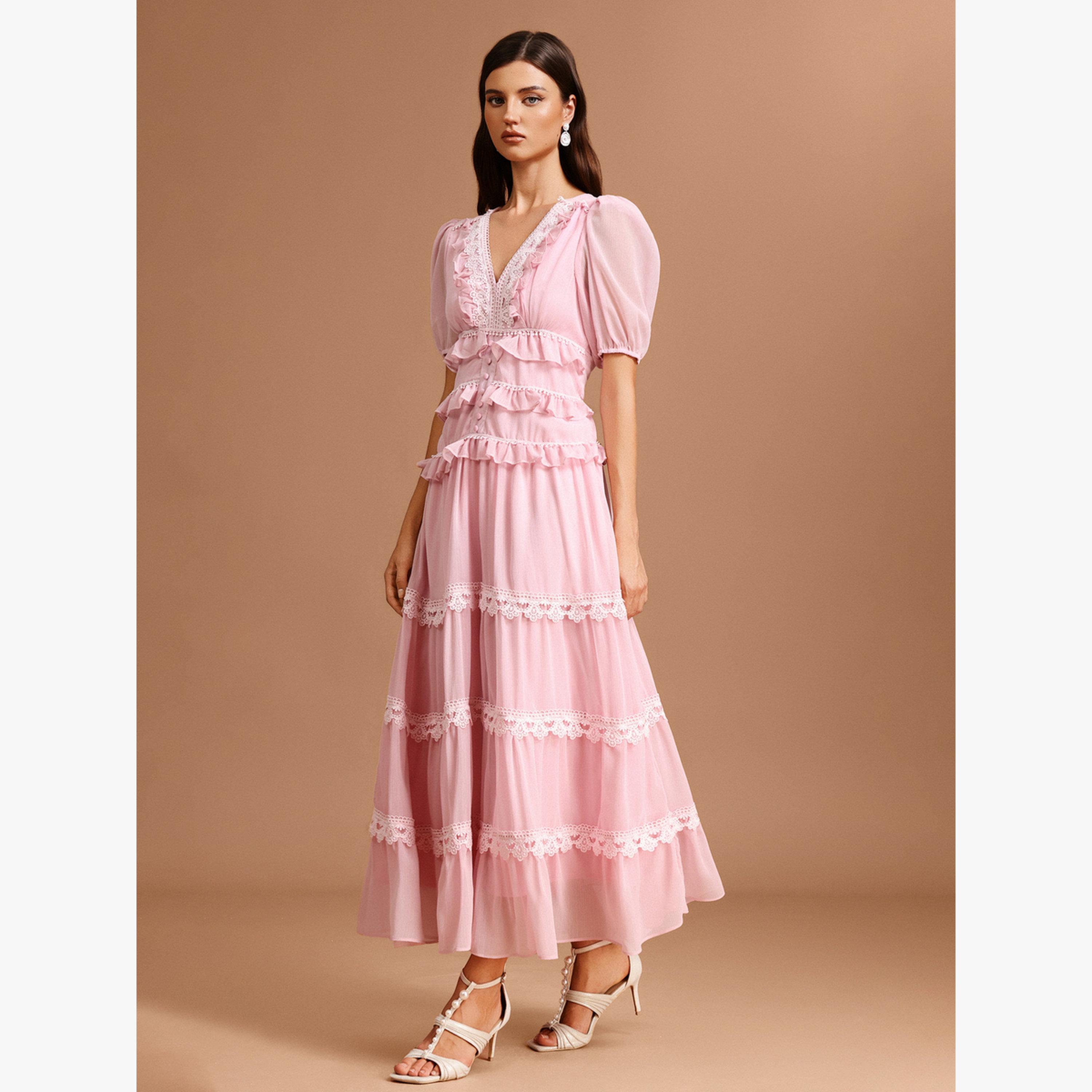 فستان طويل وردي بأكمام منفوخة وتفاصيل دانتيل-women-clothing-dresses-image-2