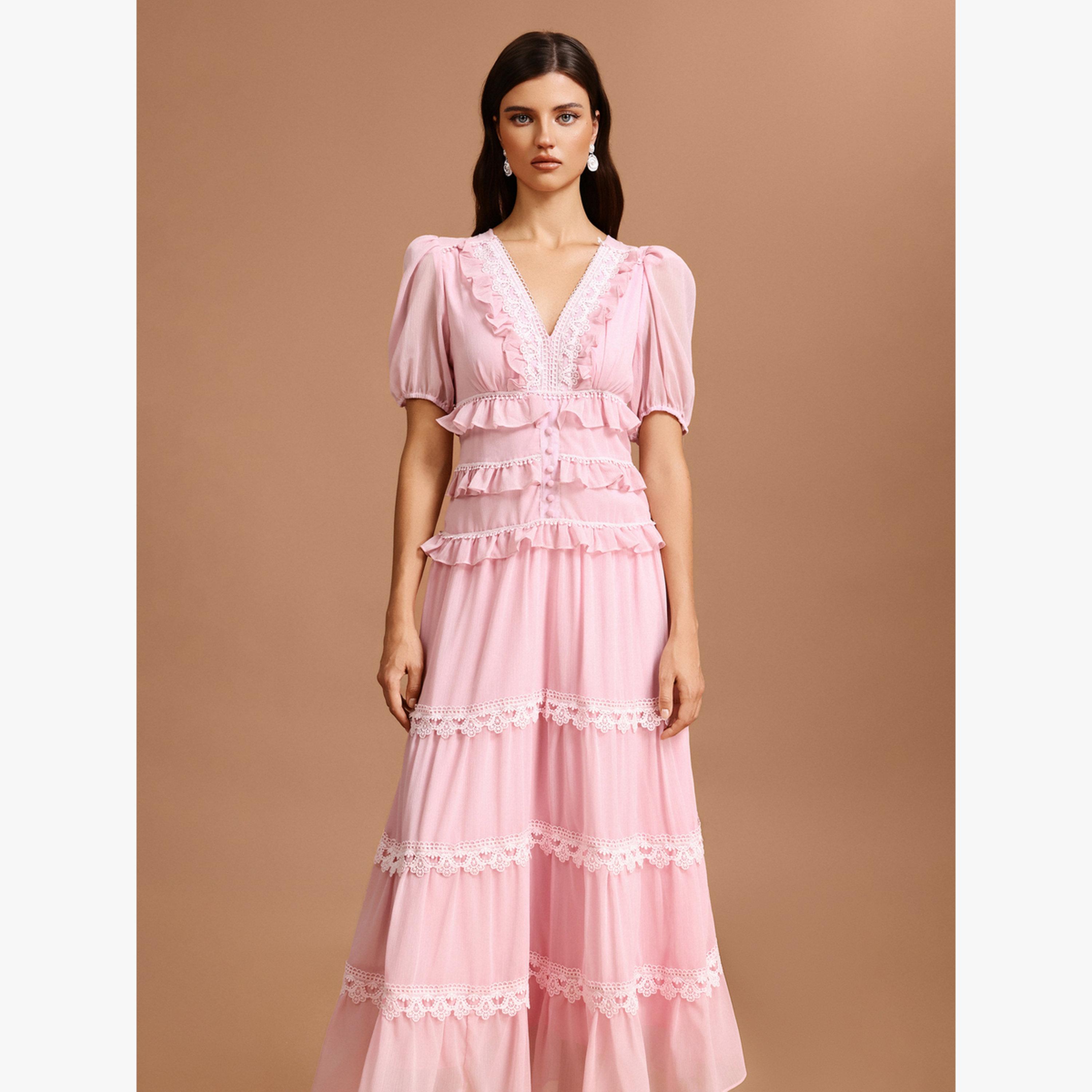 فستان طويل وردي بأكمام منفوخة وتفاصيل دانتيل-women-clothing-dresses-image-3