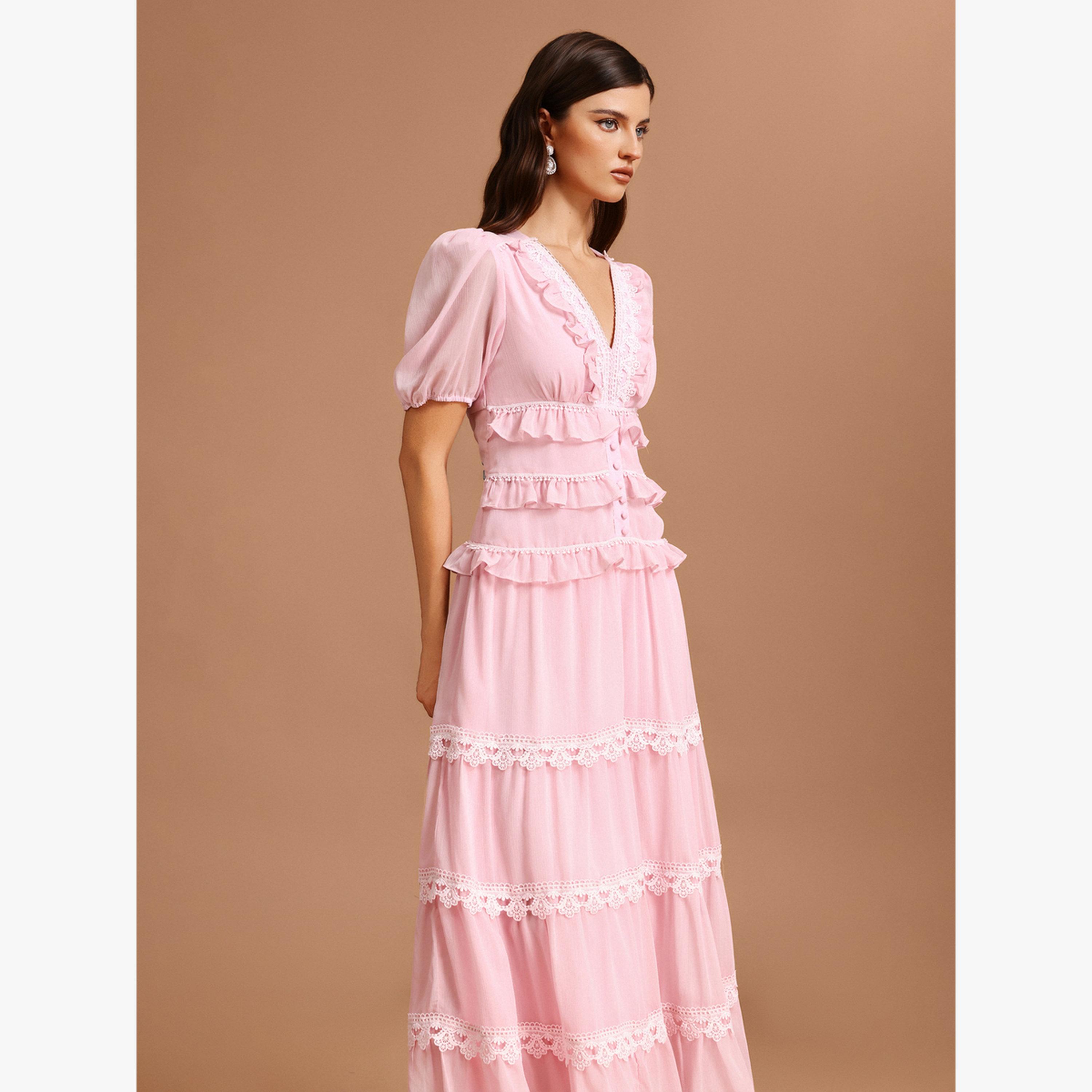 فستان طويل وردي بأكمام منفوخة وتفاصيل دانتيل-women-clothing-dresses-image-4