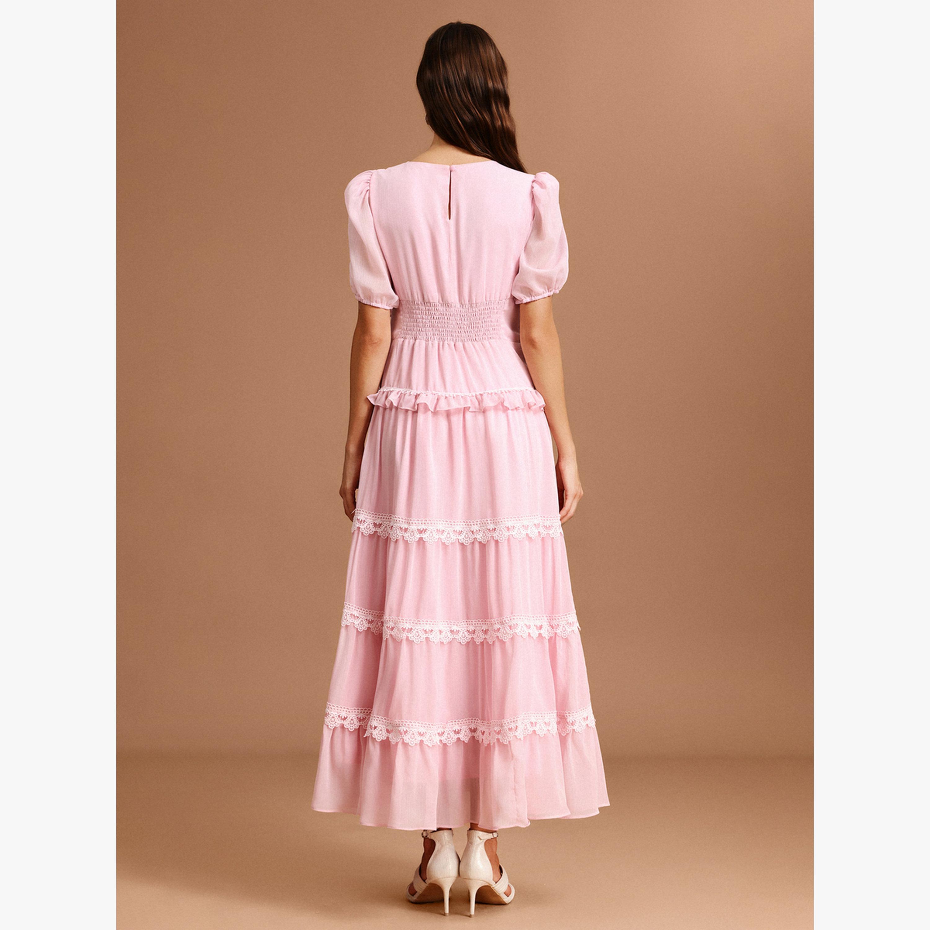 فستان طويل وردي بأكمام منفوخة وتفاصيل دانتيل-women-clothing-dresses-image-5