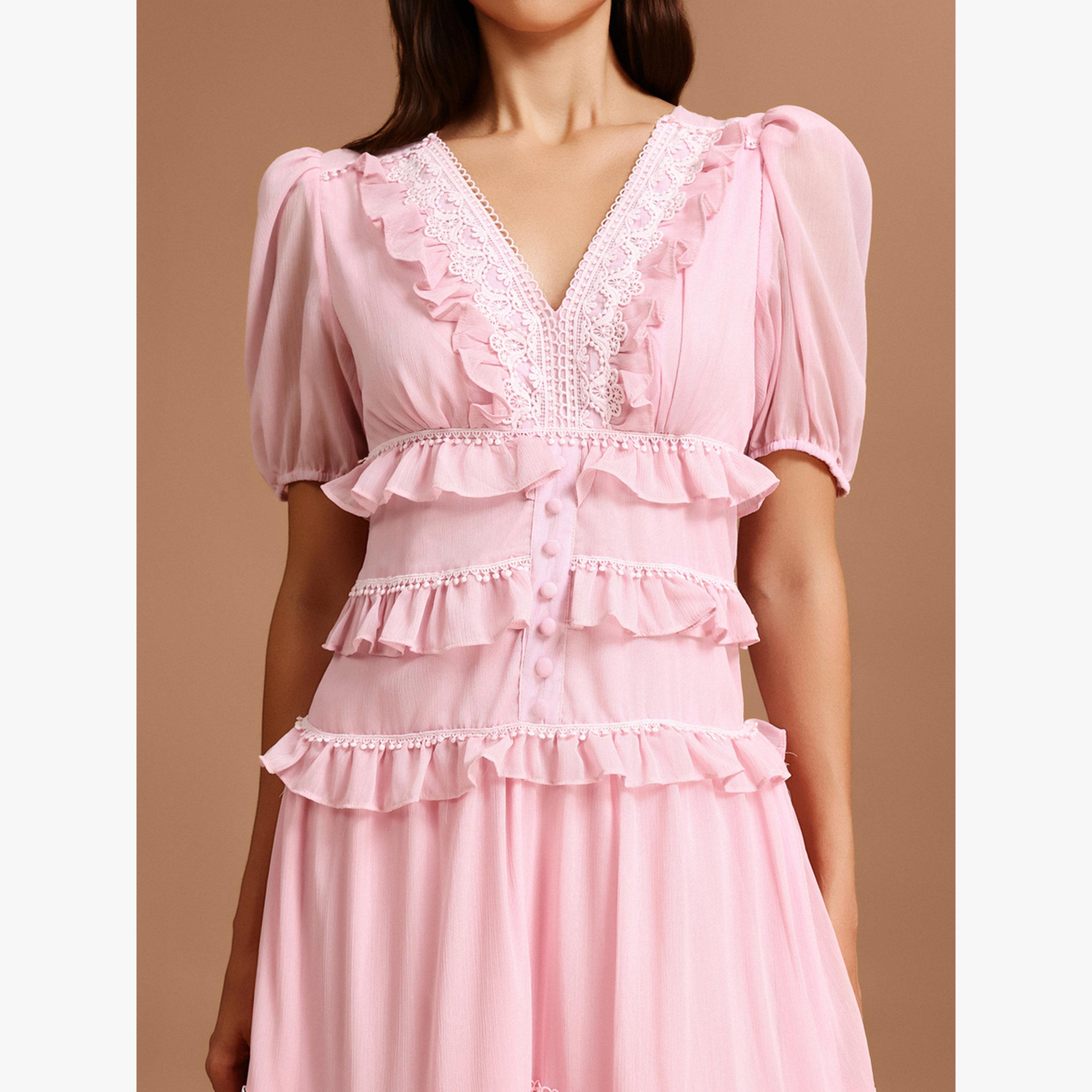 فستان طويل وردي بأكمام منفوخة وتفاصيل دانتيل-women-clothing-dresses-image-6