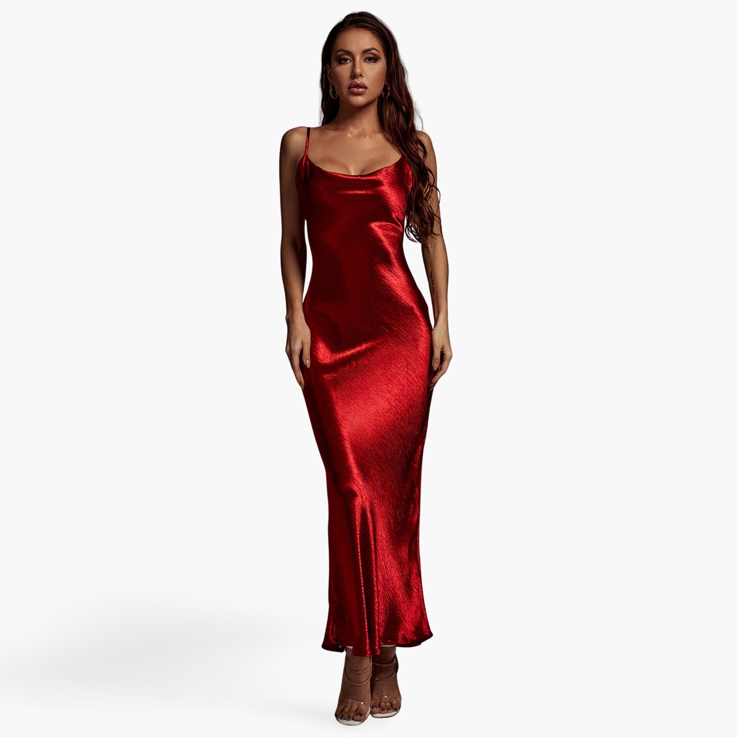 Bella Barnett X Styli Women Red Solid Satin Cami Maxi Dress-women-clothing-dresses-image-1