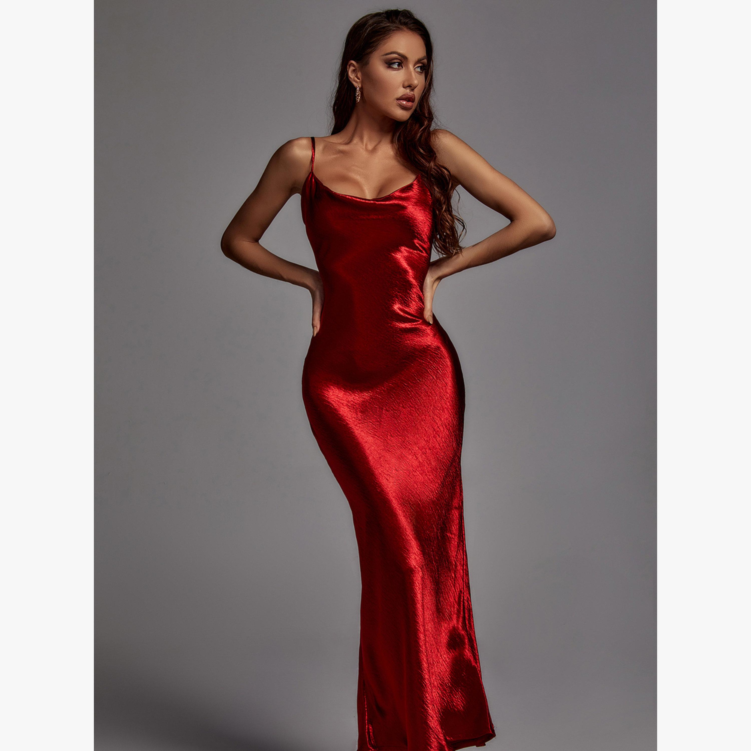 Bella Barnett X Styli Women Red Solid Satin Cami Maxi Dress-women-clothing-dresses-image-2
