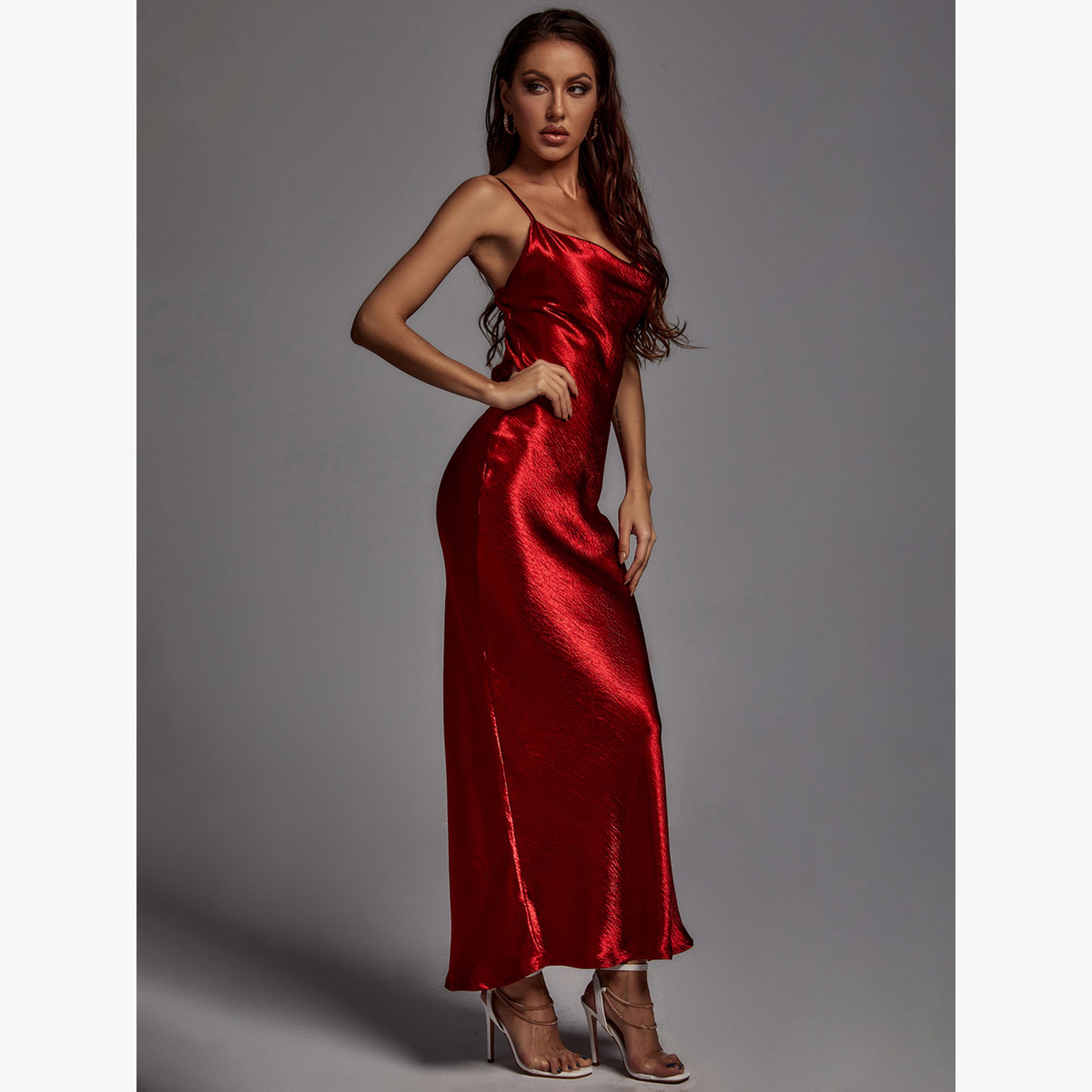 Bella Barnett X Styli Women Red Solid Satin Cami Maxi Dress-women-clothing-dresses-image-4