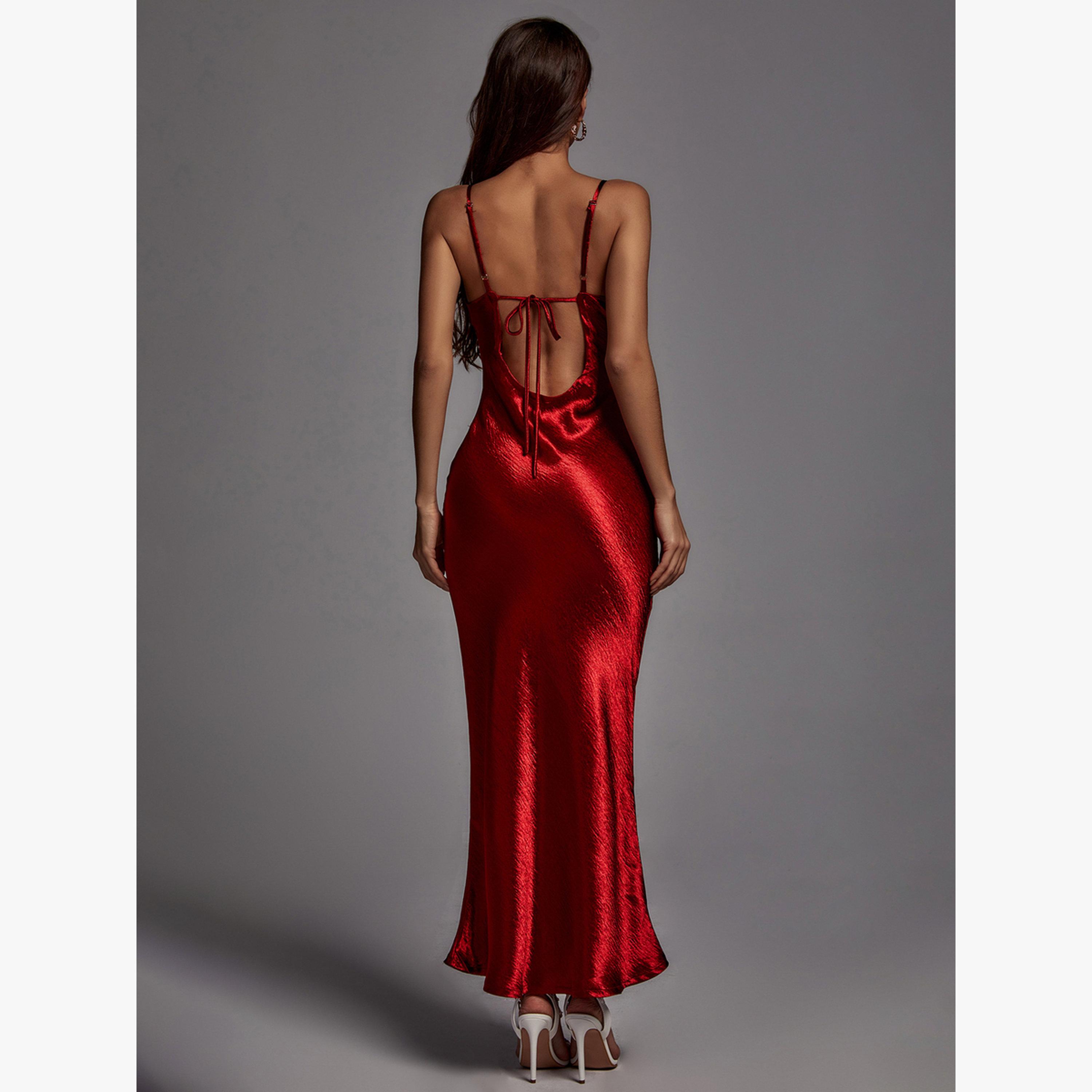 Bella Barnett X Styli Women Red Solid Satin Cami Maxi Dress-women-clothing-dresses-image-6