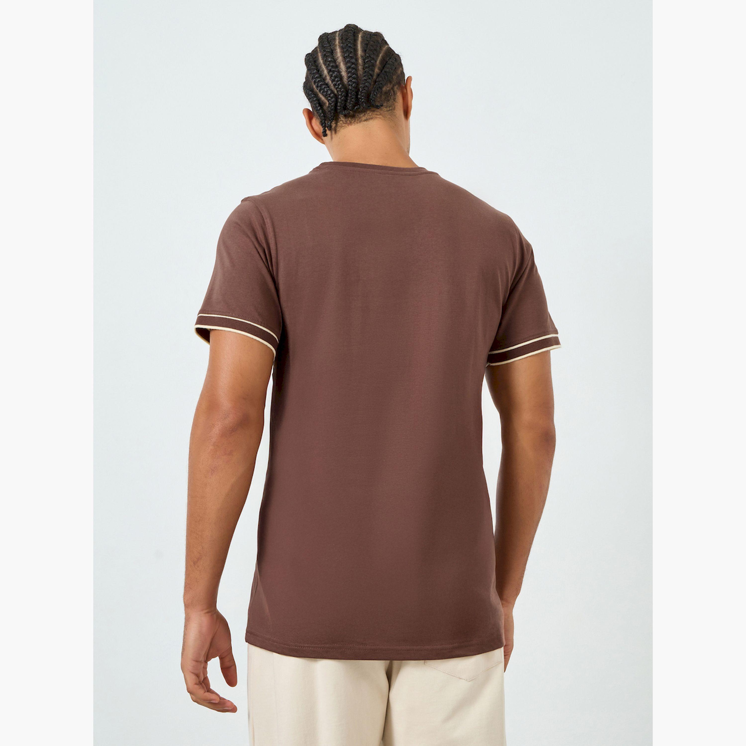 Styli Men Brown Crew Neck T-Shirt with Tipped Sleeves-men-clothing-tshirtsandpolos-tshirts-image-3