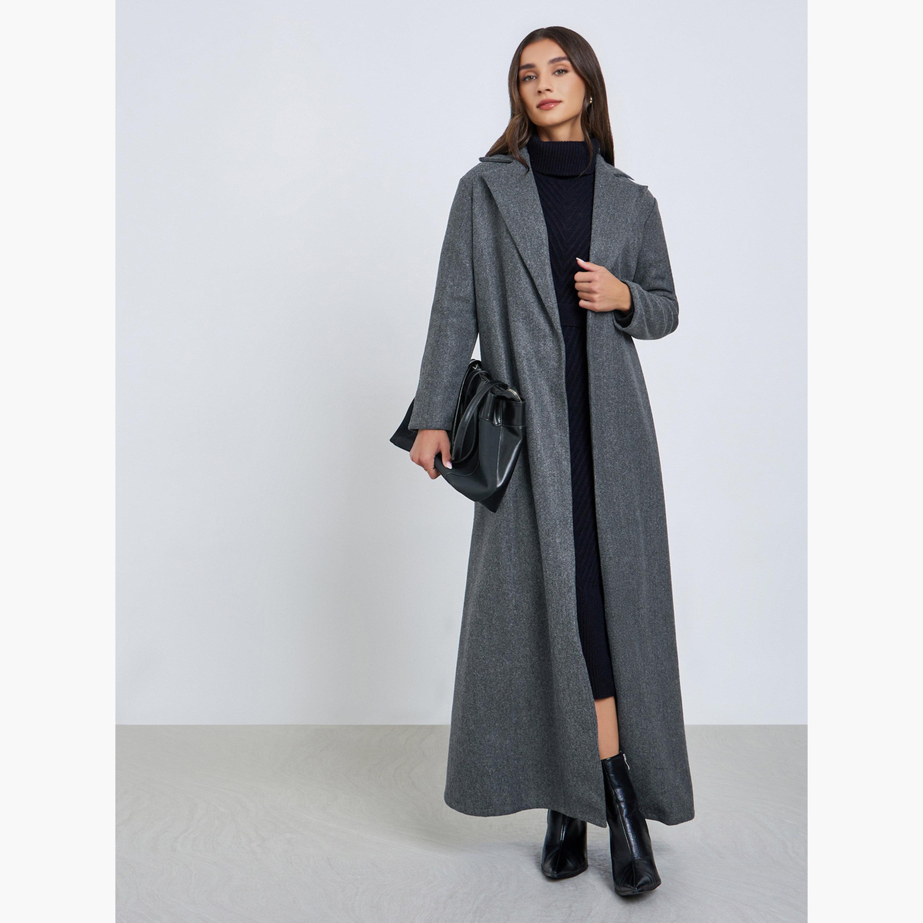 Styli Solid Notch Label Collar Open Abaya-women-arabicclothing-abayas-image-1