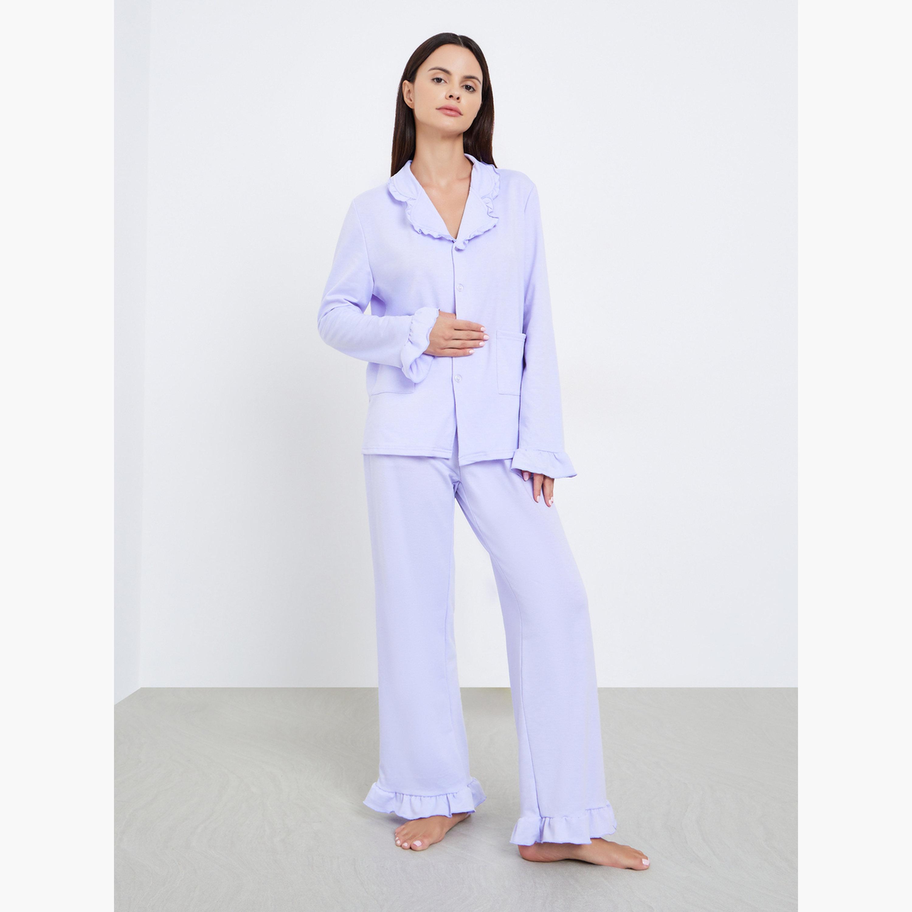 Styli Solid Flounce Neck Pocket Detail Shirt and Pyjama Set-women-clothing-nightwear-pyjamas-longsets-image-1