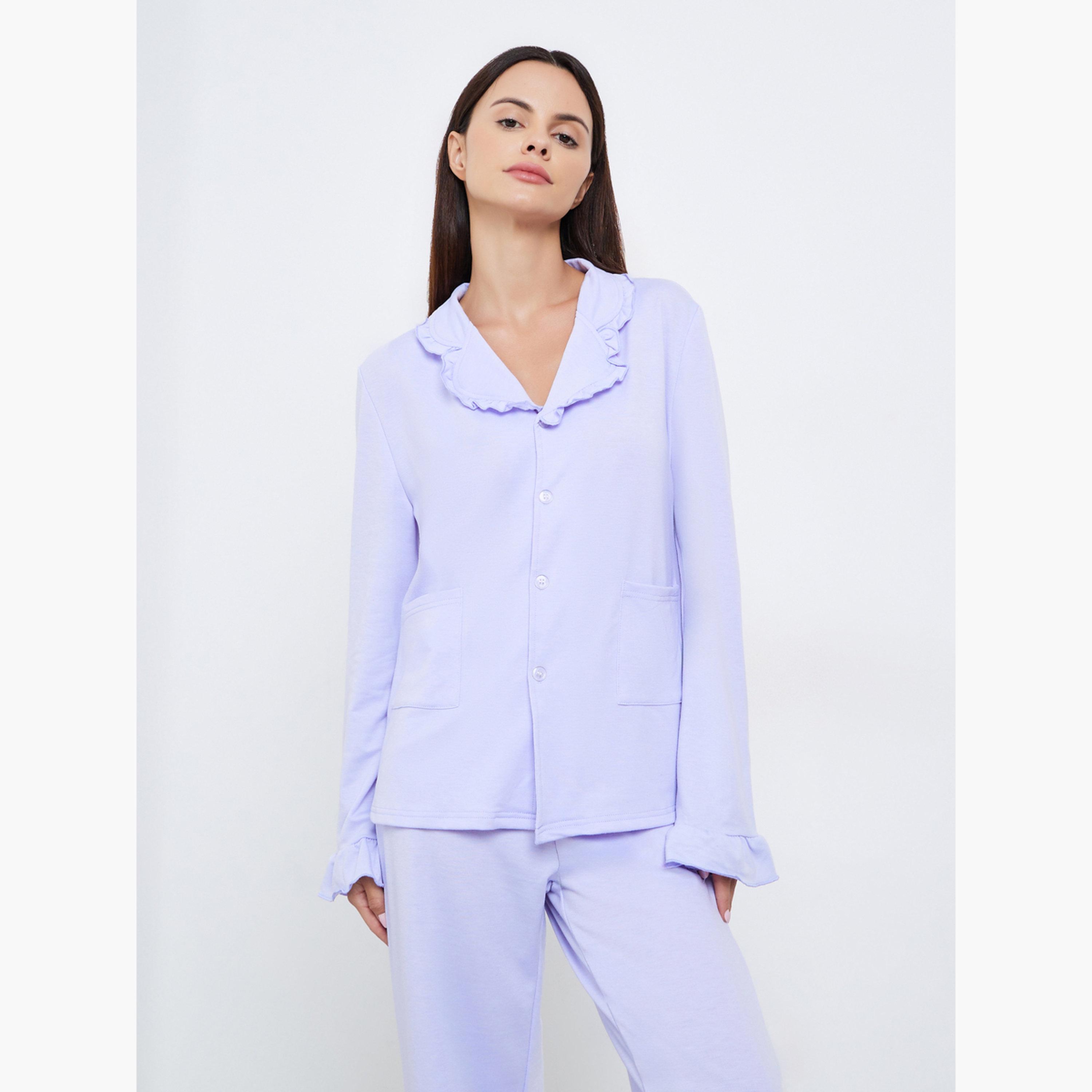 ستايلي - طقم قميص وبيجاما سادة مع تفاصيل جيوب وياقة مكشكشة-women-clothing-nightwear-pyjamas-longsets-image-2