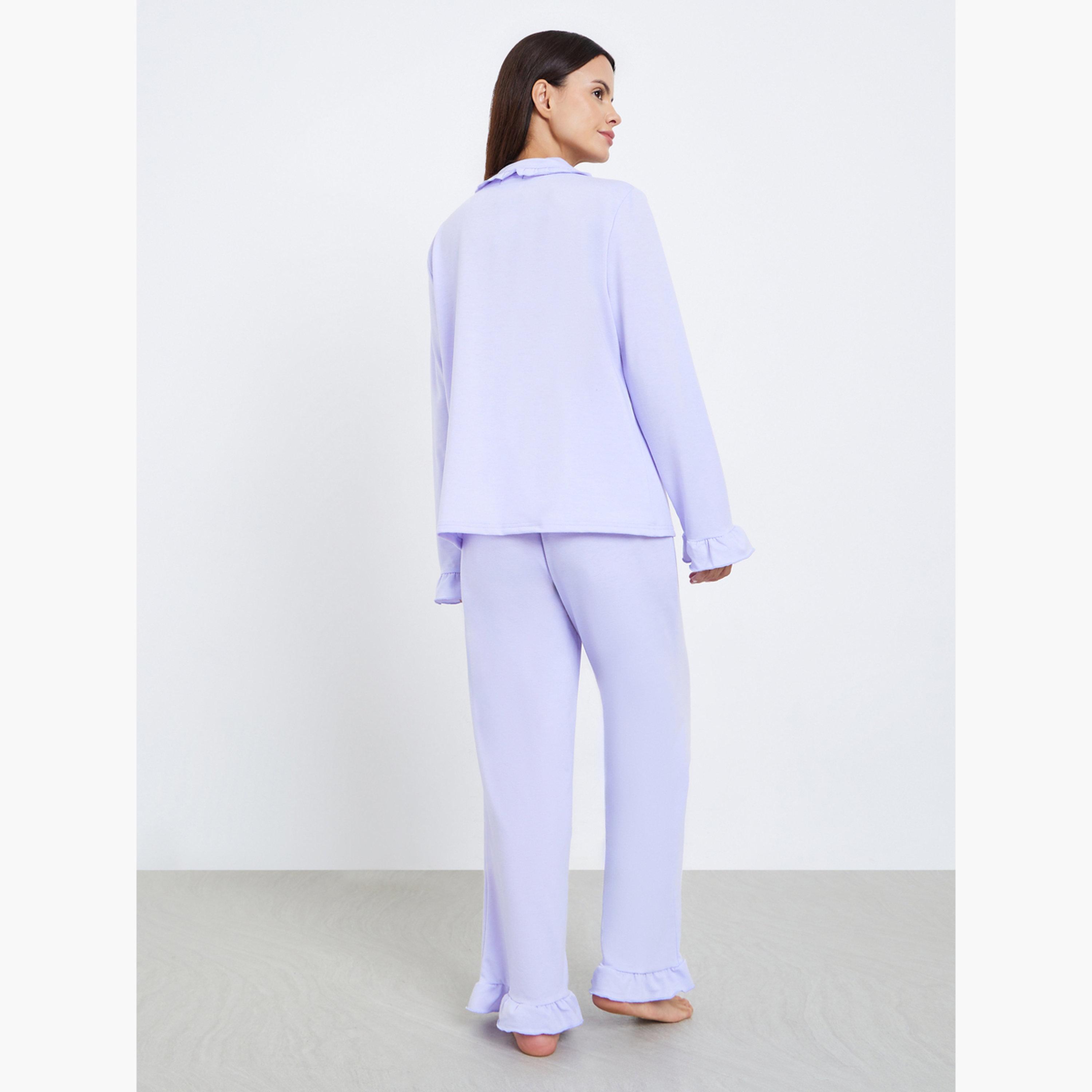 Styli Solid Flounce Neck Pocket Detail Shirt and Pyjama Set-women-clothing-nightwear-pyjamas-longsets-image-3