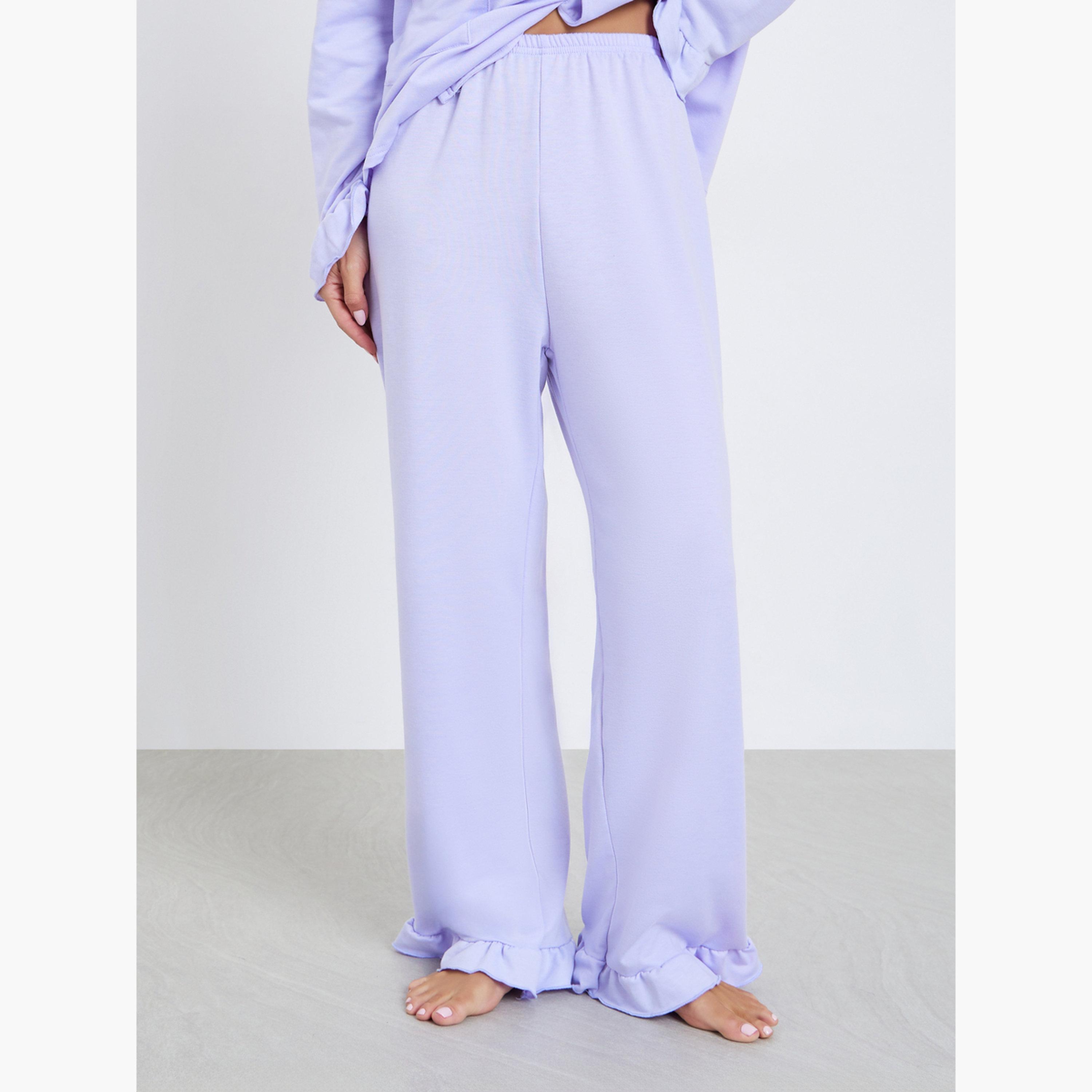 ستايلي - طقم قميص وبيجاما سادة مع تفاصيل جيوب وياقة مكشكشة-women-clothing-nightwear-pyjamas-longsets-image-4