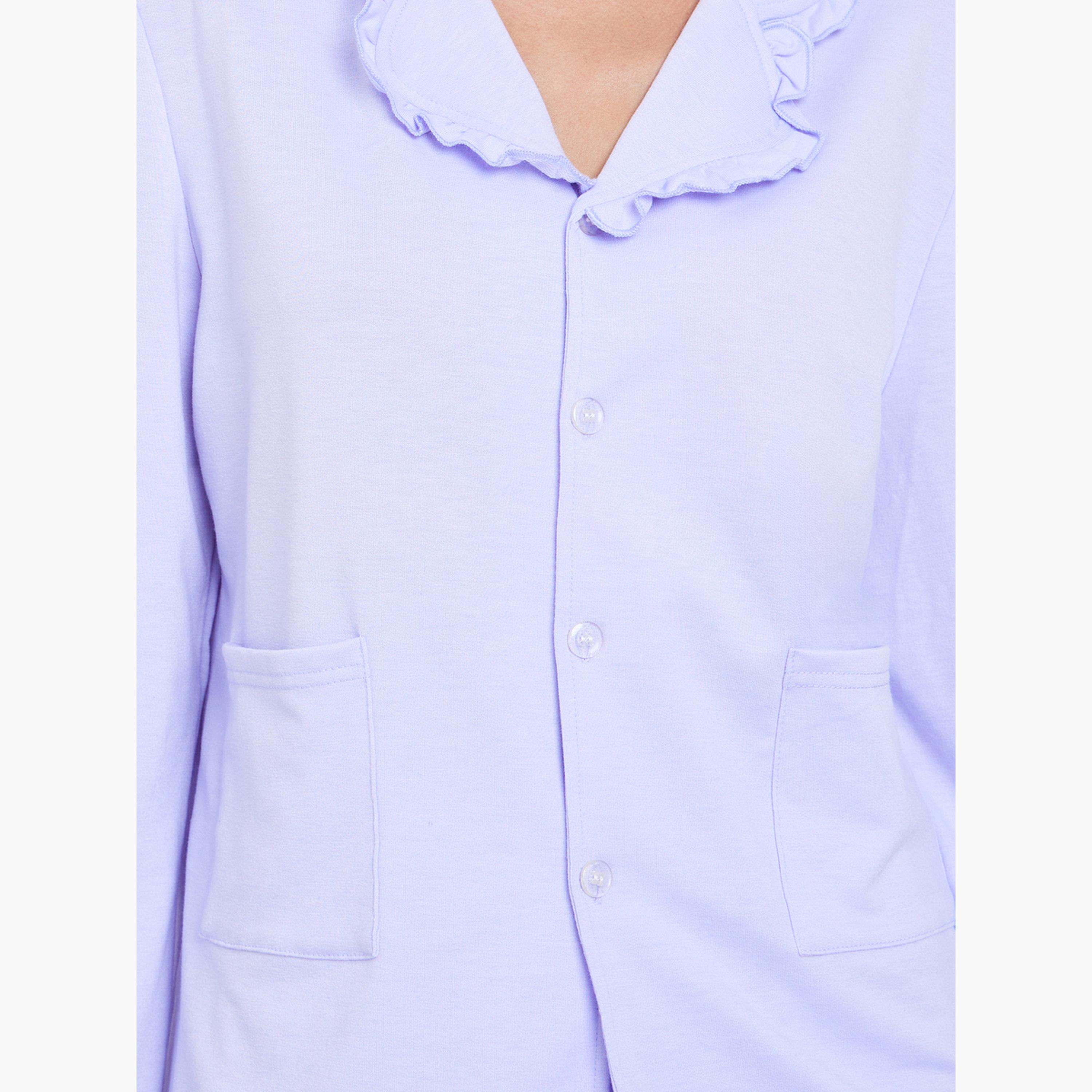 Styli Solid Flounce Neck Pocket Detail Shirt and Pyjama Set-women-clothing-nightwear-pyjamas-longsets-image-5