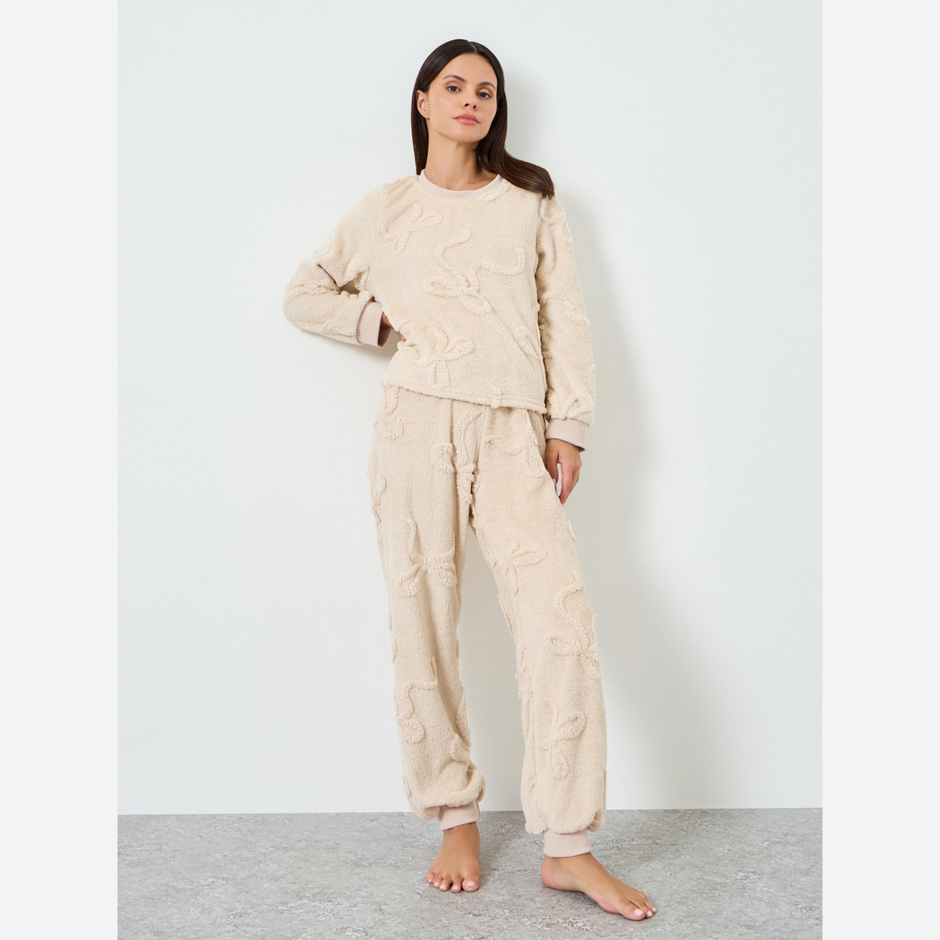 Styli Solid Jacquard Sweatshirt and Pyjama Set-women-clothing-nightwear-pyjamas-longsets-image-1