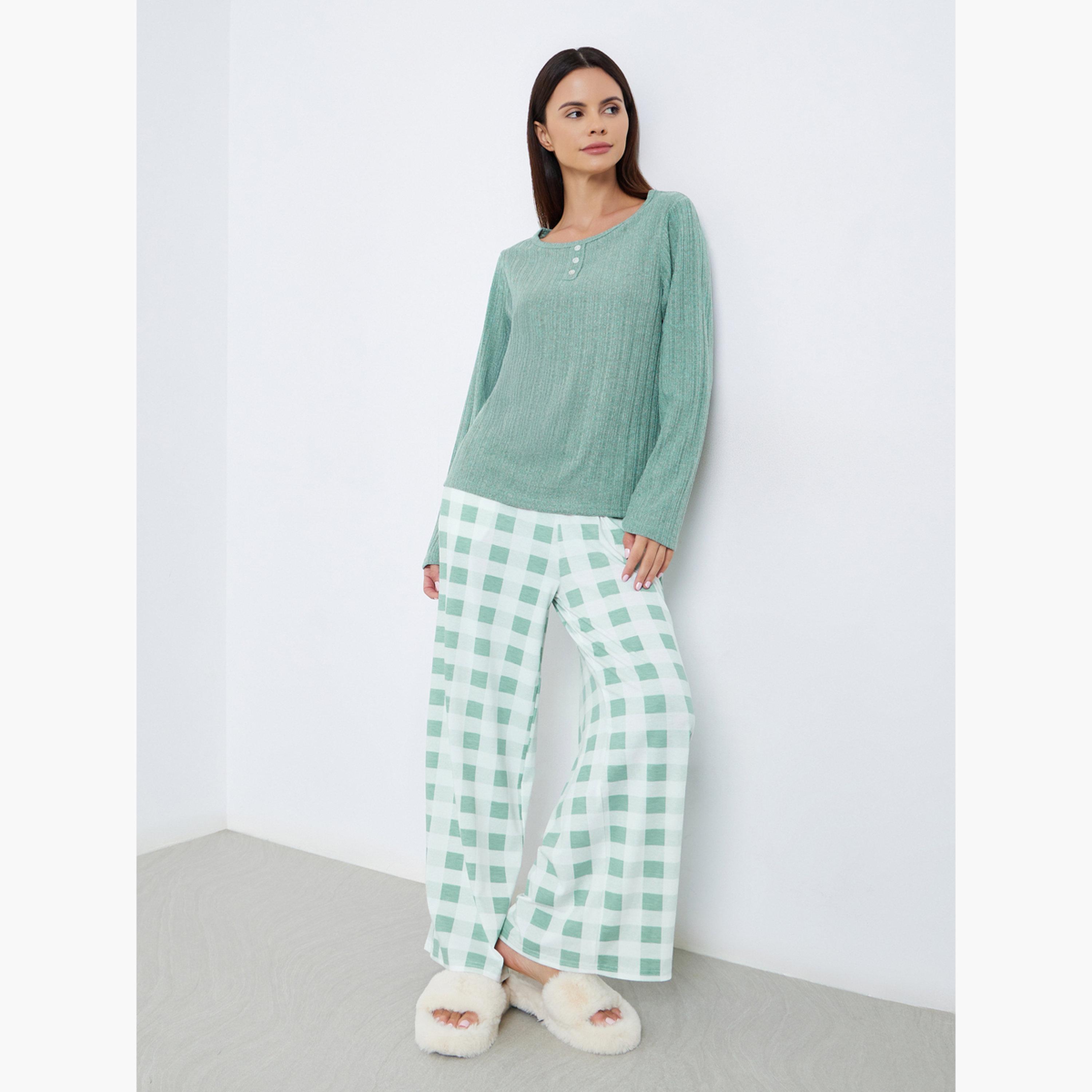 ستايلي - بيجاما مكونة من تي شيرت سادة منقوش وقميص منقوش-women-clothing-nightwear-pyjamas-longsets-image-1